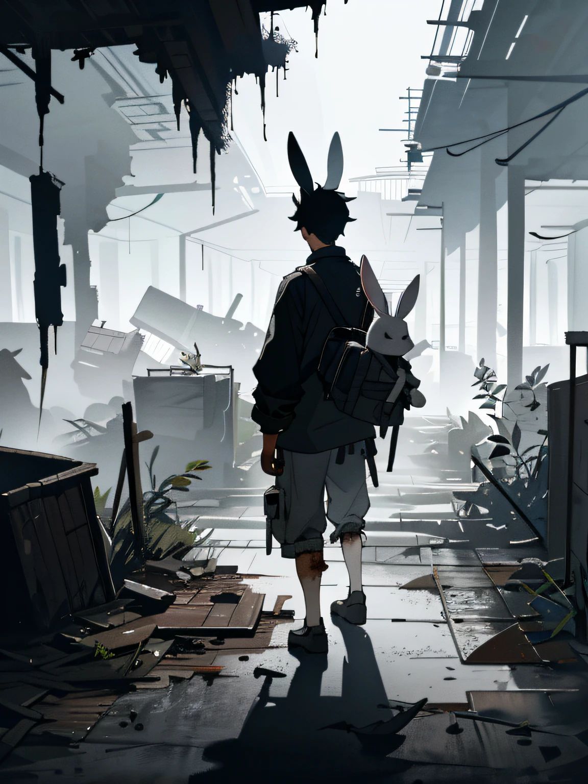 ( Dilapidated landscape in style), (Underground, Dark, Foggy), (Abstract human rabbit figure wearing rabbit ears), Clothes are shabby，male，Back Shadow