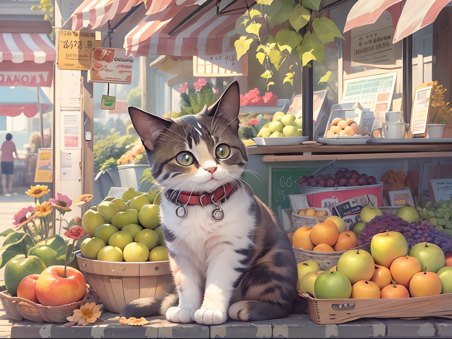 A round-eyed cute cat,Sit by the fruit stand, streetview, flower pots.