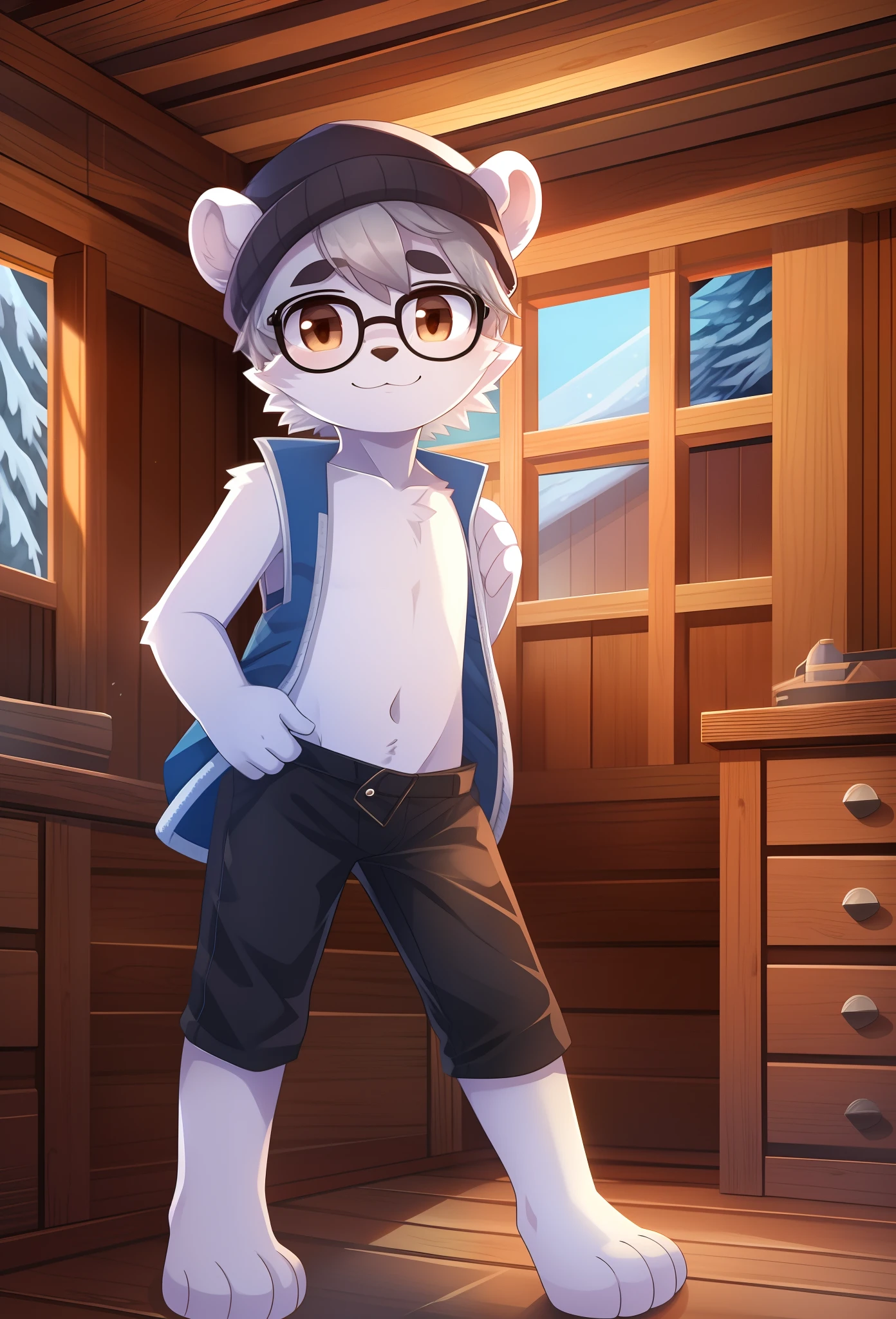 Furry shota, young, polar bear, grey hair, spiky hair, spiky short ponytail, detailed body fur, brown eyes, winter blue vest, open clothes, nude torso, black short pants, wool cap, masterpiece, looking at you, white body fur, detailed face, big eyebrows, detailed eyes, detailed body, inside cabin, detailed hands, flat body, glistering body, shiny body, skinny, spectacular effects, sassy face, :3, paws whit three toes, full body, glasses, standing,