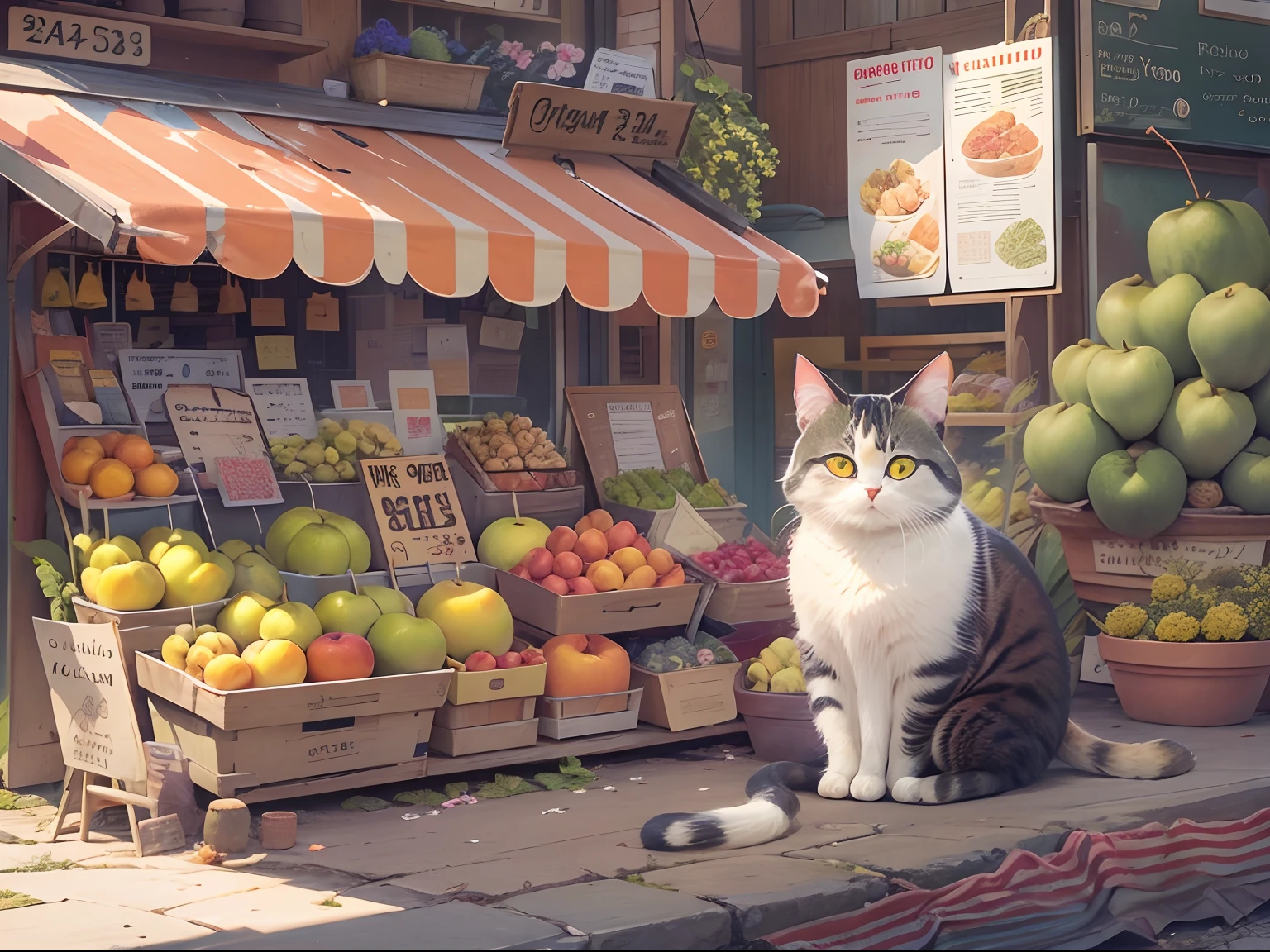 A round-eyed cute cat,Sit by the fruit stand, streetview, flower pots.