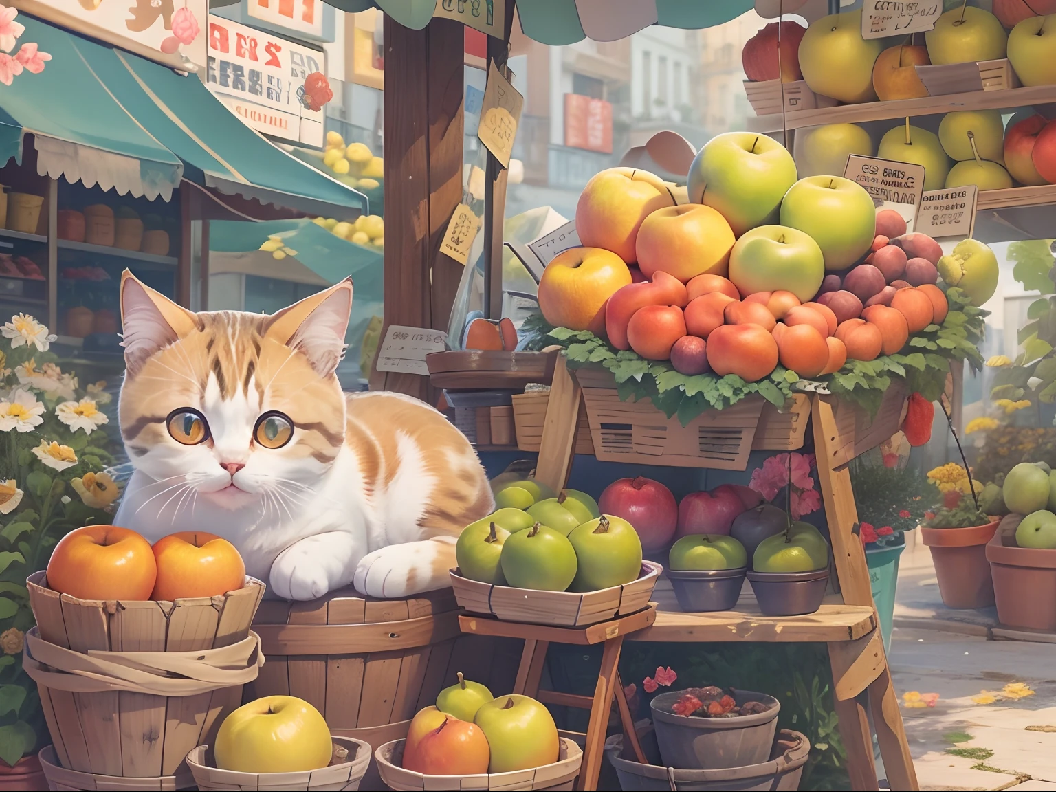 A round-eyed cute cat,Sit by the fruit stand, streetview, flower pots.