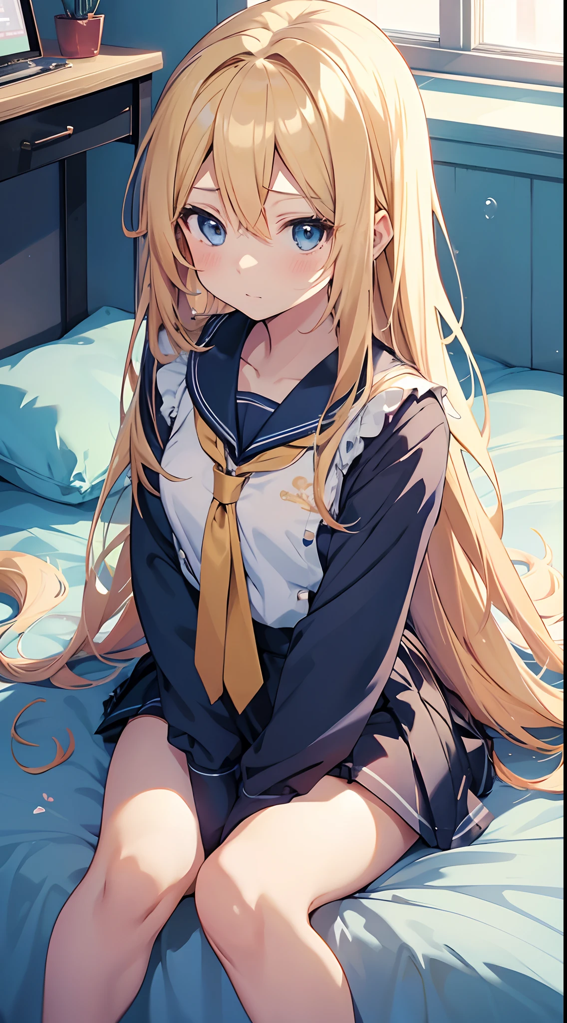 1girl in、A smile、The shirt、skirt by the、（small tits）Chilarism、Japan High School Student Uniform、serafuku、summer clothing、（Sheer Bra）、Upper body portrait、blonde  hair、s asleep、Sleeping in large letters、