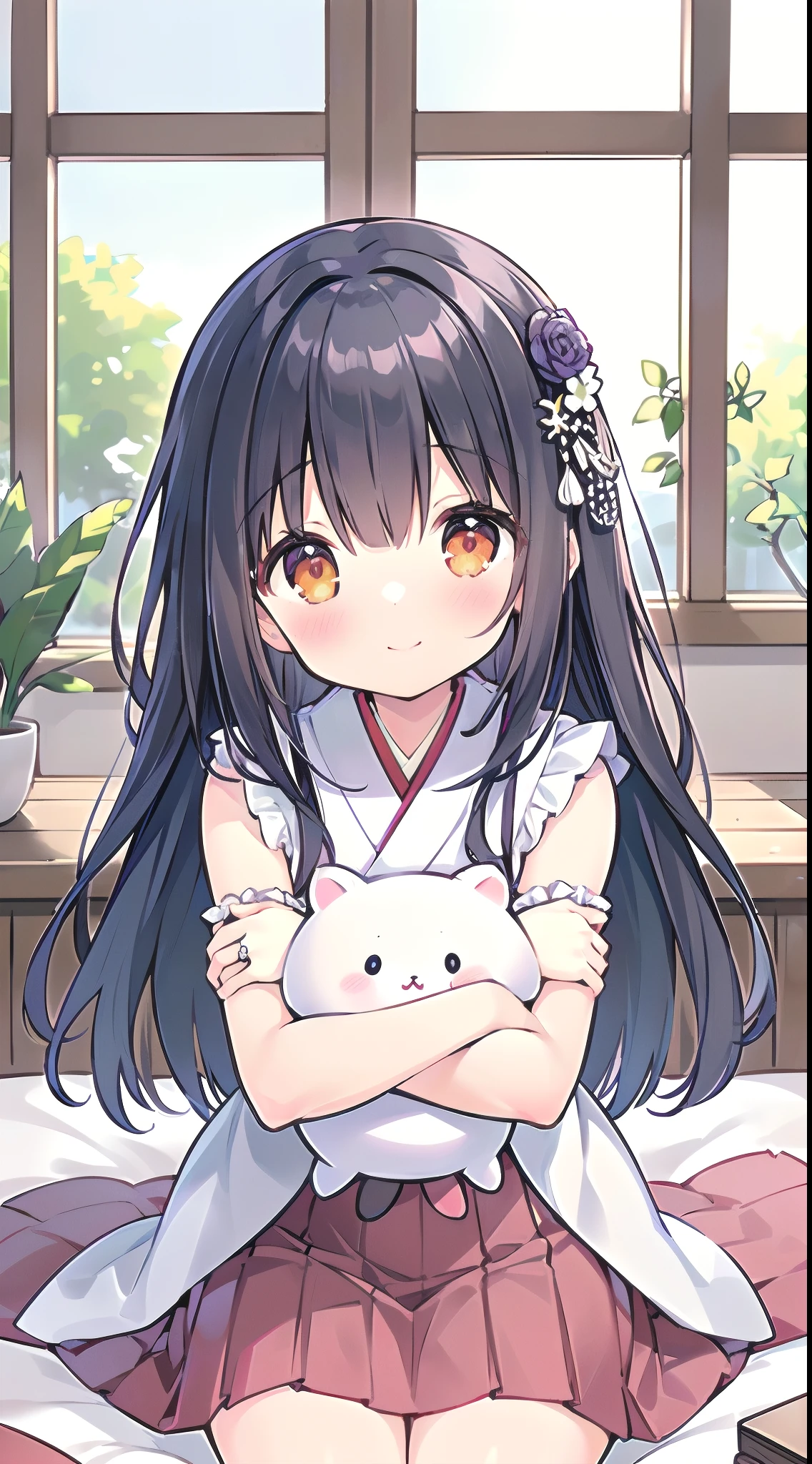 (medium figure girl, motherly, cute and petite girl, big sister aura:1.5), detached sleeve, Married, Japanese bride, loving wife, Wedding, wedding hakama skirt, yamato nadeshiko, 1girl, solo, outdoor, cute japanese model girl, very long hair, floral print, wedding hair ornament, wedding kimono, hakama, bangs, (in the bedroom, sit on knees, lap pillow:1.3), (masterpiece, best quality, HD Pictures, 4K:1.4), gentle eyes, gentle look to viewer, gentle smile, gentle eyes, mature looking, pinkish cheeks, very detailed eyes, very detailed pupils, very detailed hair, furisode, flower head accesories, from front pov, detailed face, full body, look up to viewer, leaning forward to viewer, detailed long black hair, (open arms for viewer, want to hug viewer, blushing red cheeks:1.5)