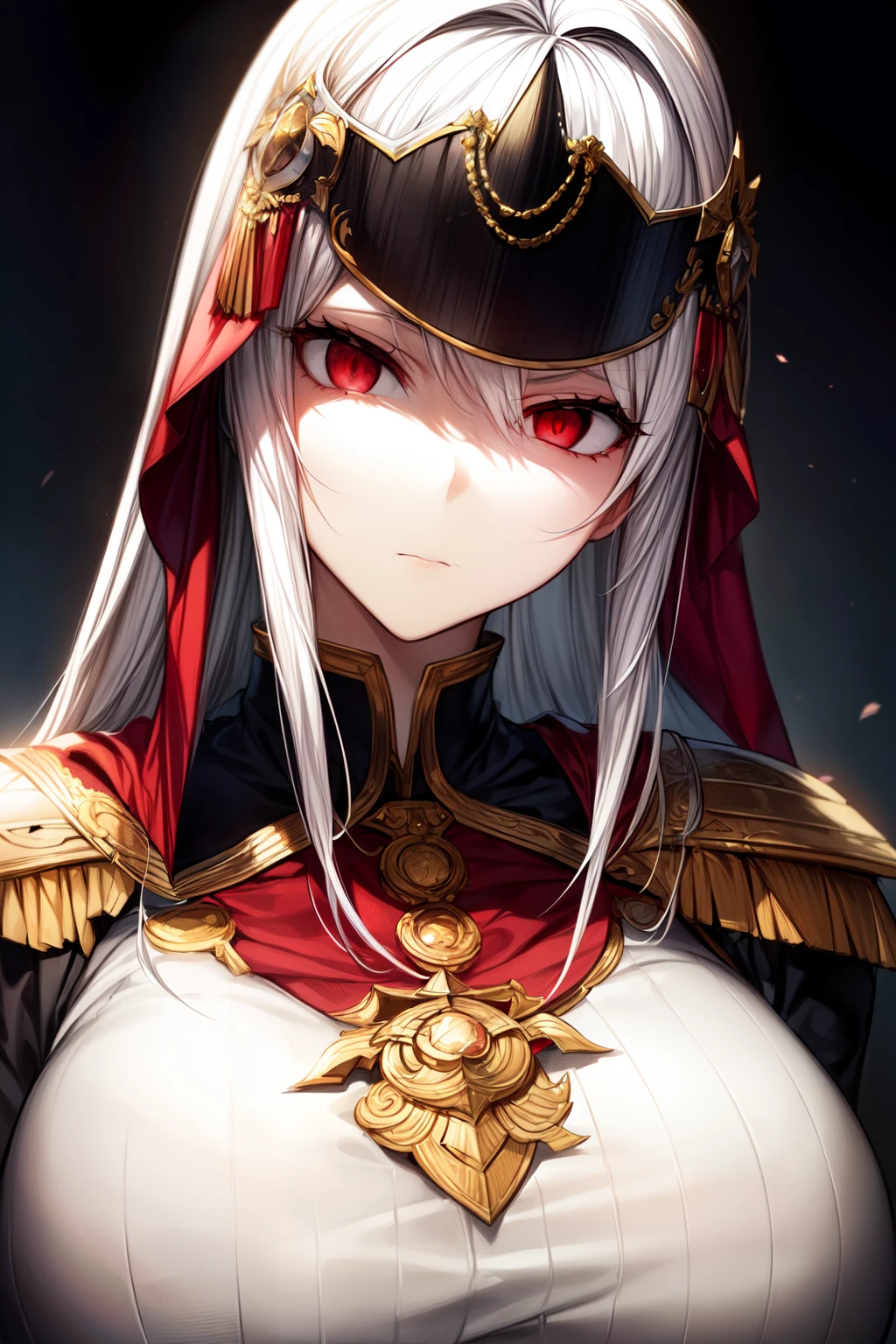 ((portrait, upper body,)) ((empress clothing)), ((red capelet)), ((serious eyes)), ((black clothes)), ((seductive gaze)), ((curvy body)), ((toned female)), ((regal uniform)), ((adult female)), ((deep red eyes)), ((calm expression)), ((pale white hair)), ((long straight hair)), ((mature female)), ((complementary colors)), ((light skin)), 1boy, beautifully drawn, high resolution illustration, best quality, High definition, ((detailed anime sketch)), Masterpiece, (solo), absurdres, detailed background, fine detail, female focus, HDR,