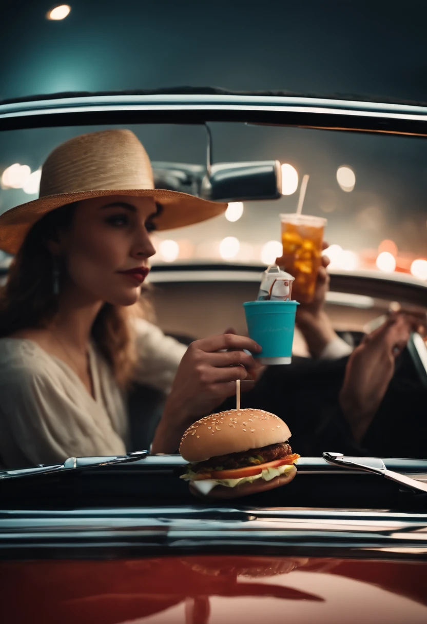 couple of people in a drive-in eating burgers and fries and drinking sodas