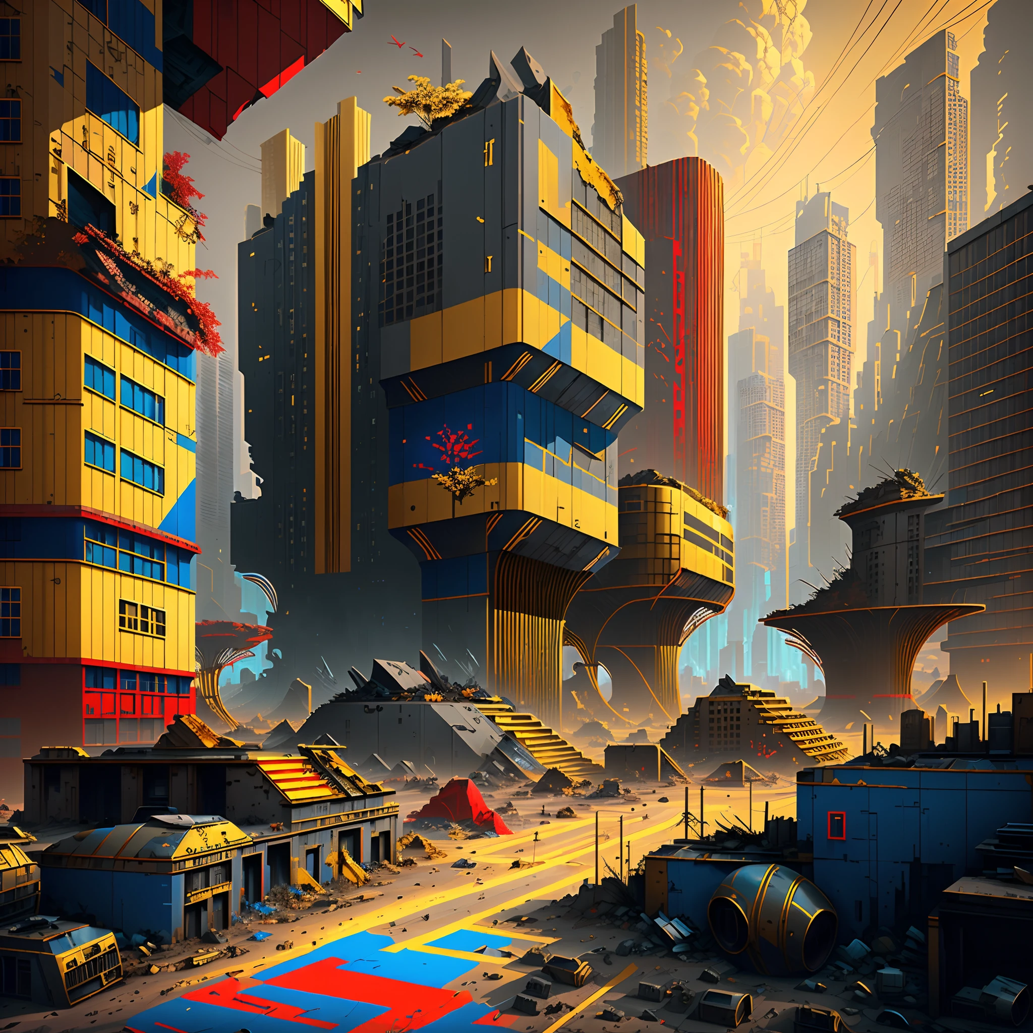 (Gray-red,blue-gold,color scheme:1.4)In a post-apocalyptic metropolis, The remains of a huge city lie in ruins, Similar to the pixelated gameplay style. Capture the view through the drone's perspective, Provides a unique fisheye lens effect. The atmosphere is full of nostalgic cyberpunk vibe, Dilapidated cars and buildings are intertwined in a mesmerizing display. The city is bathed in neon lights, Cast an eerie glow on particles of floating dust that fill the air. In the midst of desolation, Nature endures, Plants slowly regain their urban landscape with their continuous growth. The scene is a fascinating blend of futurism and decay, Create a surreal world，Remnants of the past merge with the possibilities of a new future.