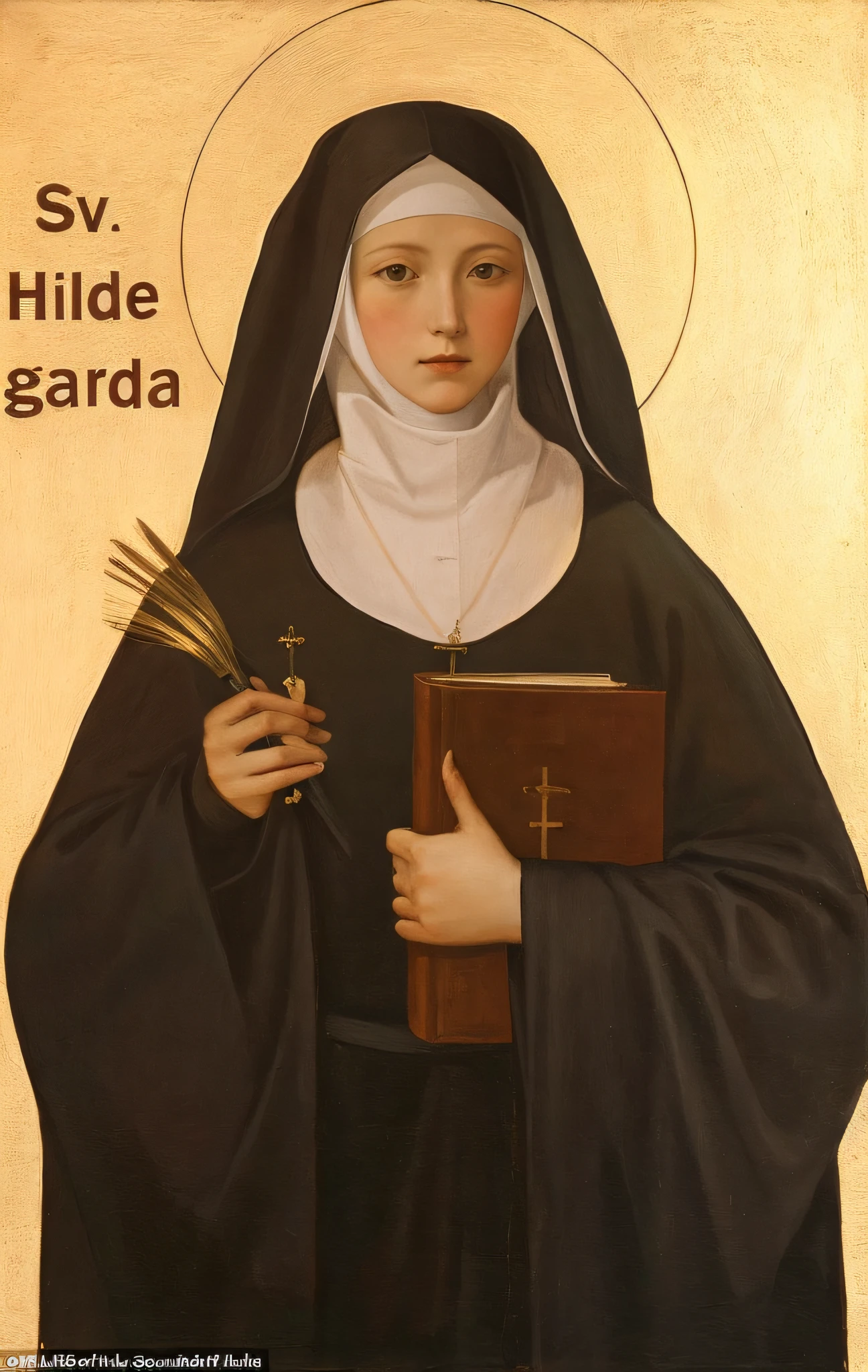 painting of a nun holding a book and a cross, portrait of hildegard von bingen, inspired by Taddeo Gaddi, by Taddeo Gaddi, inspired by Geertgen tot Sint Jans, by Antonio de la Gandara, majestic saint woman, inspired by Fede Galizia, by Giotto, inspired by Hans Gude