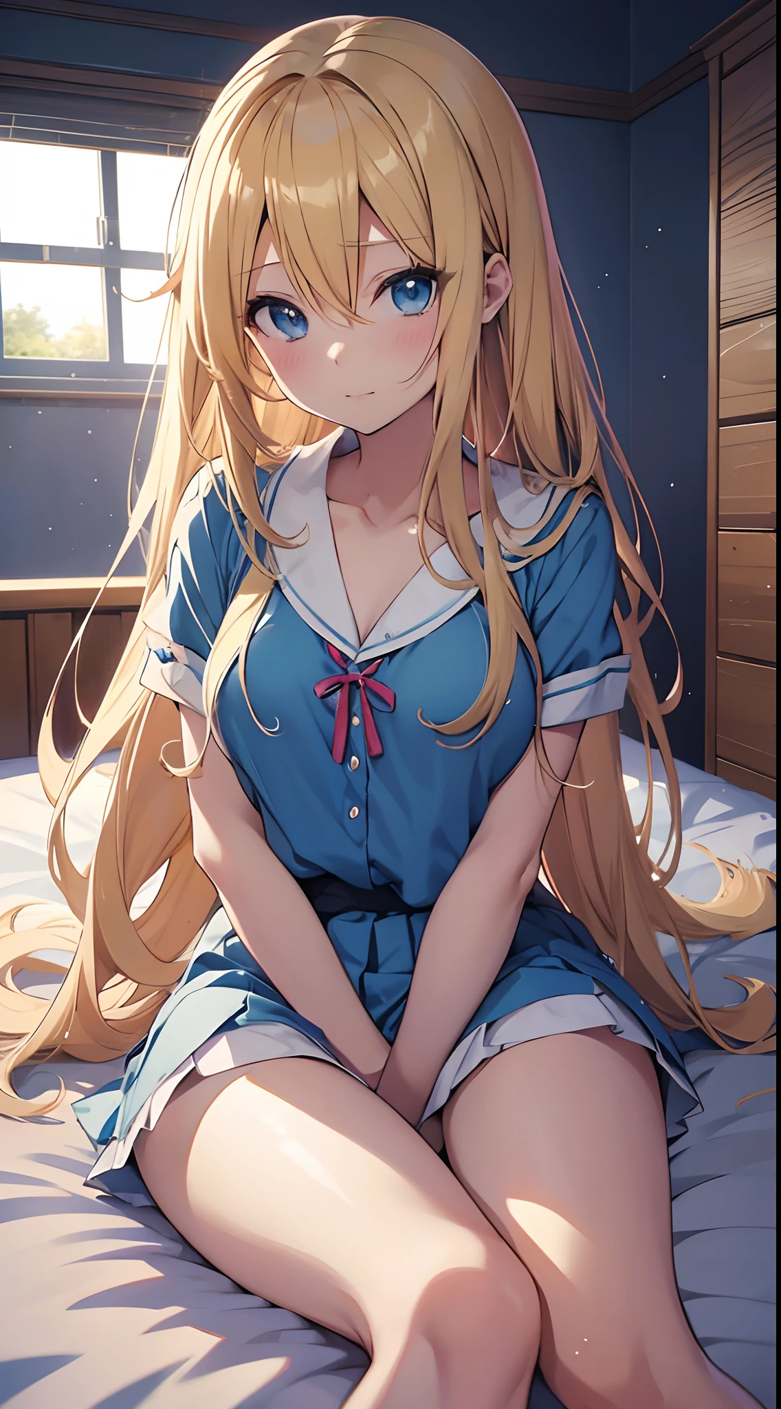 Anime girl with long blonde hair sitting on bed in blue top, Seductive Anime Girl, charming anime girls, Anime Girl, Beautiful anime girl, Cute anime girl, pretty anime girl, Anime Girls, young anime girl, a hyperrealistic schoolgirl, splash art anime , Anime Best Girl, a hyperrealistic schoolgirl, an anime girl, Ecchi anime style