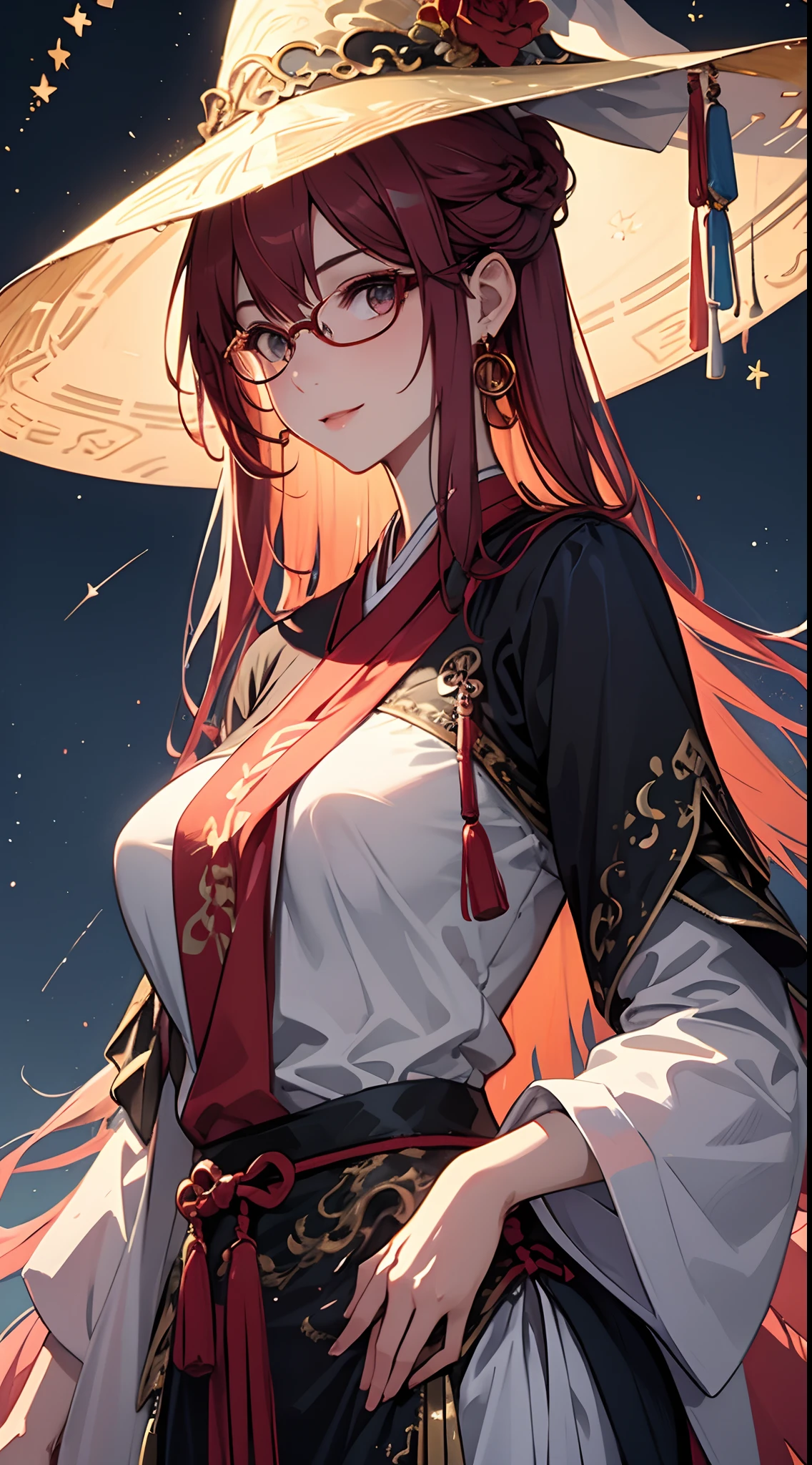 artwork, best illustrative, masterpiece, hd, ultra hd, 8k ultra hd cg artwork , high resolution, 1women, solo, hips up, look at viewer, (detailed face), red hair, long hair, Taoist robe,oversized clothes, jewelry, midjourney portrait, night background, expert shading, witch, witch hat, megane, eyeglasses, large breasts, white skin, spookie background, eerie background, sparkling background, sparkling eyes, alluring face, lovely face, cute smile, moon, stars, magical, witch dress, multicolored hair, shining hair, shiny, girl with eyeglasses, eye wear, upper body view, focus, detailed eyes, perfect hands, perfect arms, hanfu, girl wearing hanfu, embarrassed, fixing eyeglasses, hand on eyeglasses, detailed background, intense bright, looking at viewer, face to face, face towards viewer, body facing toward viewer, upper body focus,