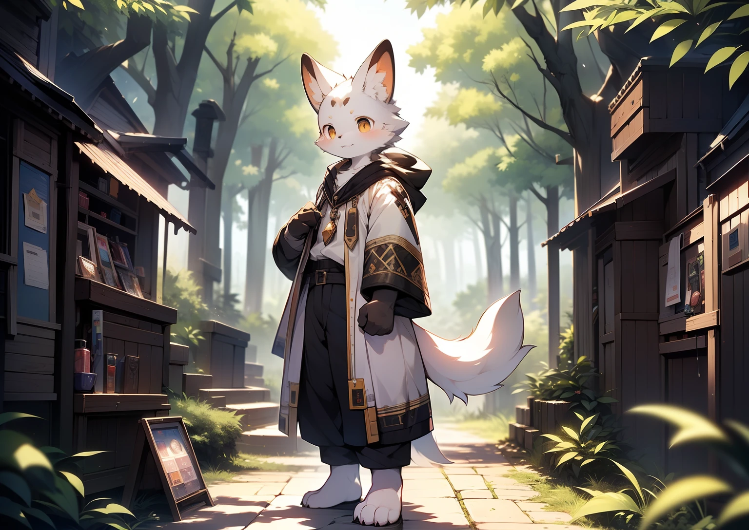 Libido boy,furry,((Shota)), Black and white hair, Very good figure, Handsome,adolable, Light:Extreme light and shadow, Reflective skin,Reddish skin,((worn-out clothing,Commoner)) ,((Deep in the forest,Stone path,Signs,独奏,solo person)),Outdoor sunset,((the detail)),(depth of fields),standing on your feet, A fuzzy anthropomorphic white rabbit with long black ears, amber eyes, fantasy style, anime style, full body, detailed, big fluffy tail, shirtless, blush, hiding in the dark shadow, next to a bright vending machine, unrealplace,