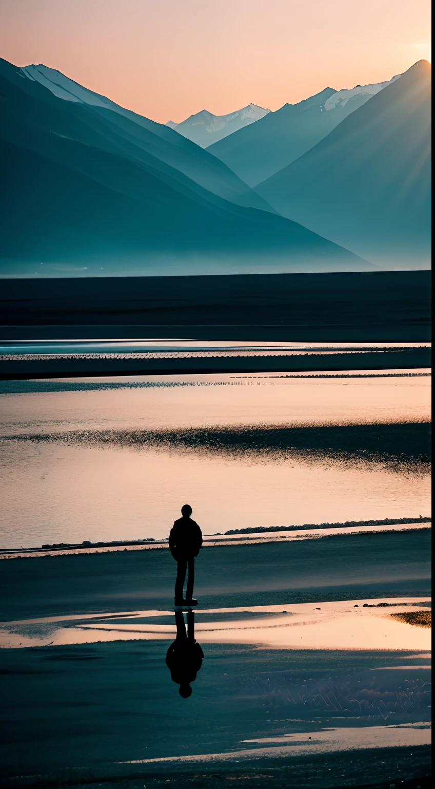 Compose an image of a solitary figure, standing alone in a mysterious and cinematic setting. The background should be a pristine, unspoiled natural landscape, capturing the essence of minimalism and serenity. The person's silhouette should be relatively small in the frame, emphasizing the vastness of the untouched nature surrounding them. This image will evoke a sense of contemplation and wonder in the midst of a pristine, enigmatic outdoor scene.