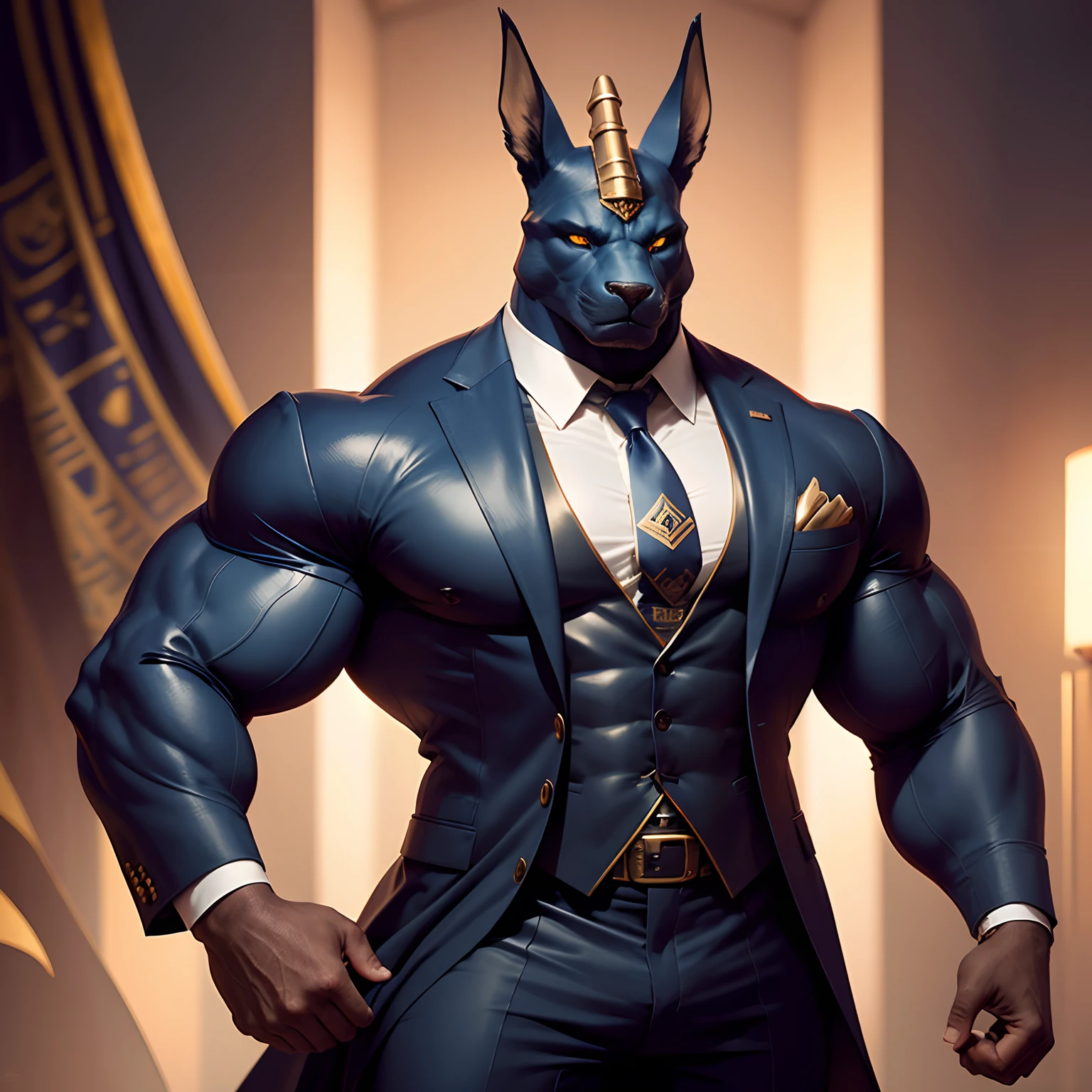 Anubis the egyptian god muscled with huge torso , huge arms ,huge pecs , huge lesgs , in suit with a tie like bodyguard outfit , full body
