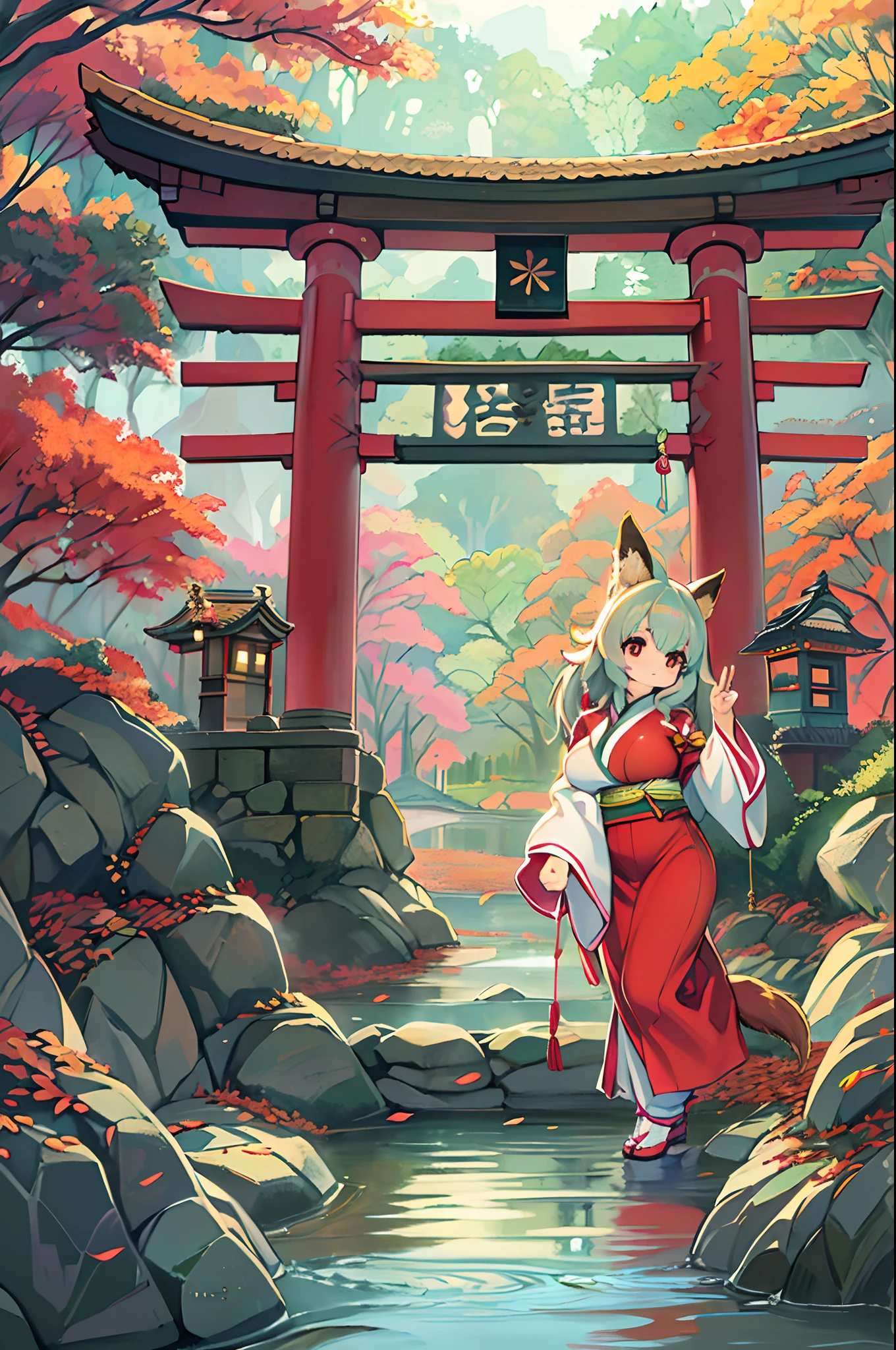 Fox Woman、body covered with fur、huge-breasted、kawaii、shrine maiden、Japan white clothes,Red Hakama、torii gate,((High Position))、A big smile、bbw、thick thight、big butts、Ultramammy,Chibi,Nanachi, autumn day,kaede、 Pines, Anime Background Art, japanese art style, beautiful anime scene, detailed scenery - width 672, Background art, Anime landscapes, Anime Background, Beautiful anime scenery, Beautiful peace scenes in anime, landscape artwork, Japan Village, Anime landscape concept art, 8K))、a lot of fallen leaves、Water twinkle、falls、Waterfall Basin、a river、Main shrine