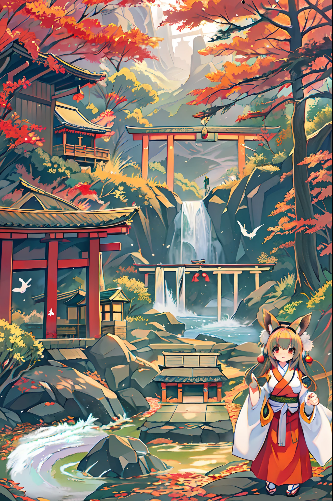 Fox Woman、body covered with fur、huge-breasted、kawaii、shrine maiden、Japan white clothes,Red Hakama、torii gate,((High Position))、A big smile、bbw、thick thight、big butts、Ultramammy,Chibi,Nanachi, autumn day,kaede、 Pines, Anime Background Art, japanese art style, beautiful anime scene, detailed scenery - width 672, Background art, Anime landscapes, Anime Background, Beautiful anime scenery, Beautiful peace scenes in anime, landscape artwork, Japan Village, Anime landscape concept art, 8K))、a lot of fallen leaves、Water twinkle、falls、Waterfall Basin、a river、Main shrine