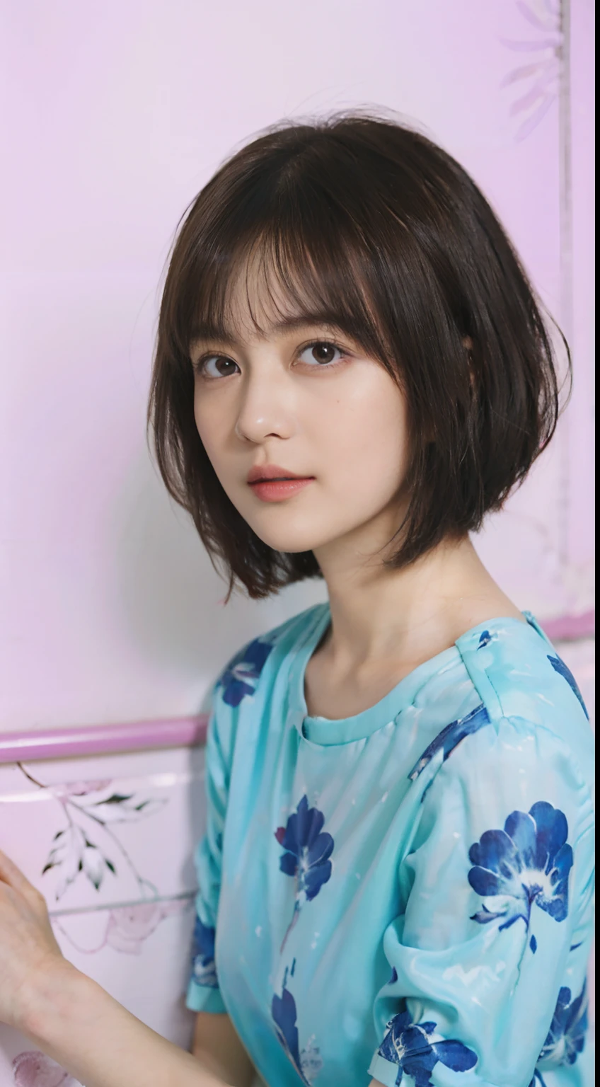 22
(Shorthair:1.3), (a 20 yo woman), (A hyper-realistic), (masutepiece), (8KUHD), Focus on the face, (The walls of the room are fractal art:1.23),
Graphic T-shirt with anime characters printed