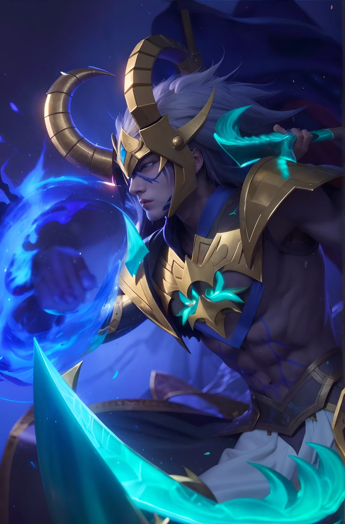 a close up of a person holding a sword in a dark room, nasus, inspired by Huang Shen, leblanc, artist unknown, aurelion sol, Mobile Legends character, splash art, tane skin, inspired by Shen Zhou, sylas, mobile legends, thertrevkaiser, official splash art, heise jinyao, inspired by Yi Inmun, unknown artist, detailed face, detailed nose, detailed eye, blue glowing eyes, detailed right hand