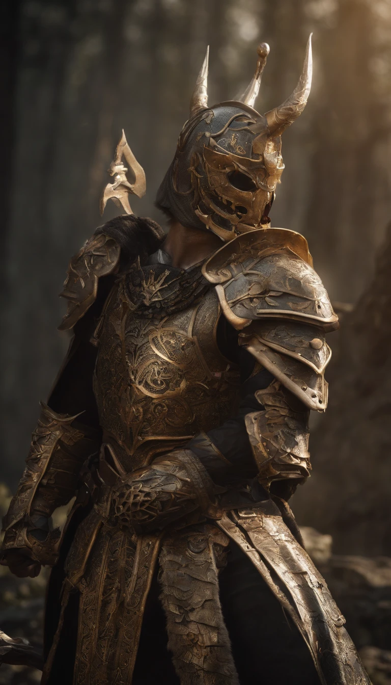warrior, concept-art, Fantasy art, battleground background, clean render, a horned, Wear a suit of armor, Detailed bushido form smoke, No helmet, character is standing, 8k Realistic, in game render, detailed face background detail, Art station front page, taur, Pseudo-medieval fantasy, Skeleton of Koi armor, detailed bronze armor, Bronze armor, golden etched armor, gold obsidian armor, Light gold armor, Gorgeous filigree armor, skeleton warrior, Gorgeous armor full of thorns, Intricate assasin armor, Intricate metal armor, powerful warrior, Dressed in gorgeous gold armor,Decorated with intricate patterns, The helmet has a large crown and two horns,Glowing red eyes, Everything is in the dark, The smoky background hints at the battle scene, Add an ominous aura to his character,submission, Full body shot.