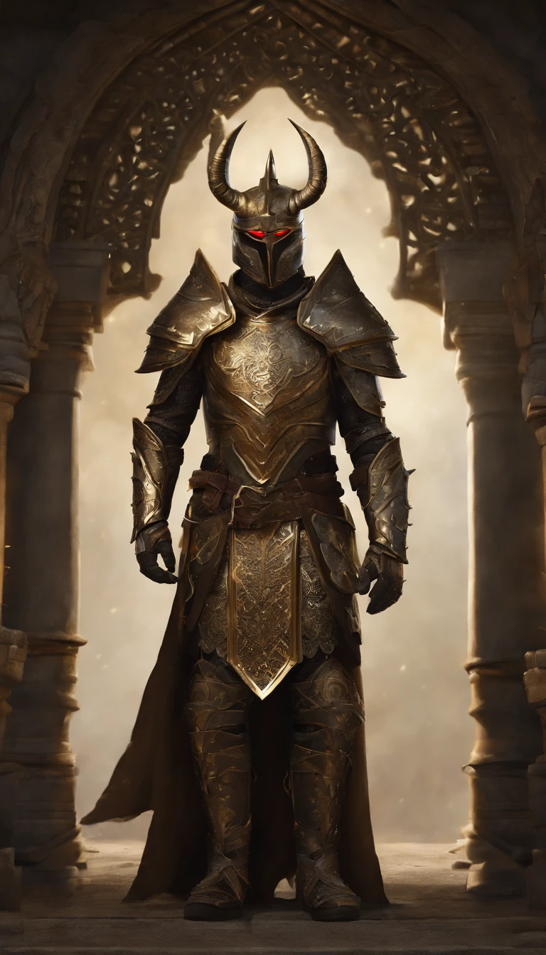 warrior, concept-art,  Fantasy art, battleground background, clean render, a horned, Wear a suit of armor, Detailed bushido form smoke, No helmet, character is standing, 8k Realistic, in game render, detailed face background detail, Art station front page, taur, Pseudo-medieval fantasy, Skeleton of Koi armor, detailed bronze armor, Bronze armor, golden etched armor, gold obsidian armor, Light gold armor, Gorgeous filigree armor, skeleton warrior, Gorgeous armor full of thorns, Intricate assasin armor, Intricate metal armor, powerful warrior, Dressed in gorgeous gold armor，Decorated with intricate patterns, The helmet has a large crown and two horns,Glowing red eyes， Everything is in the dark, The smoky background hints at the battle scene, Add an ominous aura to his character，submission, Full body shot.