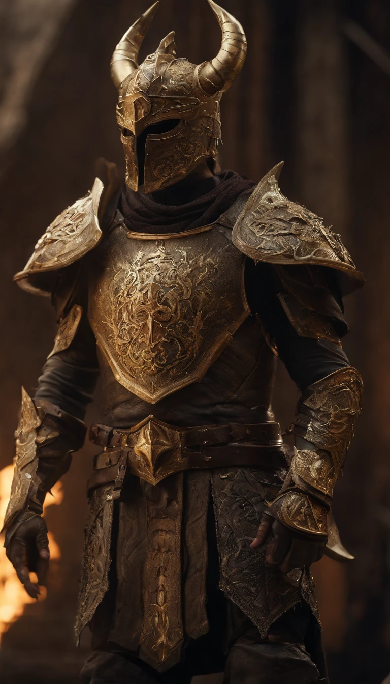 warrior, concept-art,  Fantasy art, battleground background, clean render, a horned, Wear a suit of armor, Detailed bushido form smoke, No helmet, character is standing, 8k Realistic, in game render, detailed face background detail, Art station front page, taur, Pseudo-medieval fantasy, Skeleton of Koi armor, detailed bronze armor, Bronze armor, golden etched armor, gold obsidian armor, Light gold armor, Gorgeous filigree armor, skeleton warrior, Gorgeous armor full of thorns, Intricate assasin armor, Intricate metal armor, powerful warrior, Dressed in gorgeous gold armor，Decorated with intricate patterns, The helmet has a large crown and two horns,Glowing red eyes， Everything is in the dark, The smoky background hints at the battle scene, Add an ominous aura to his character，submission, Full body shot.