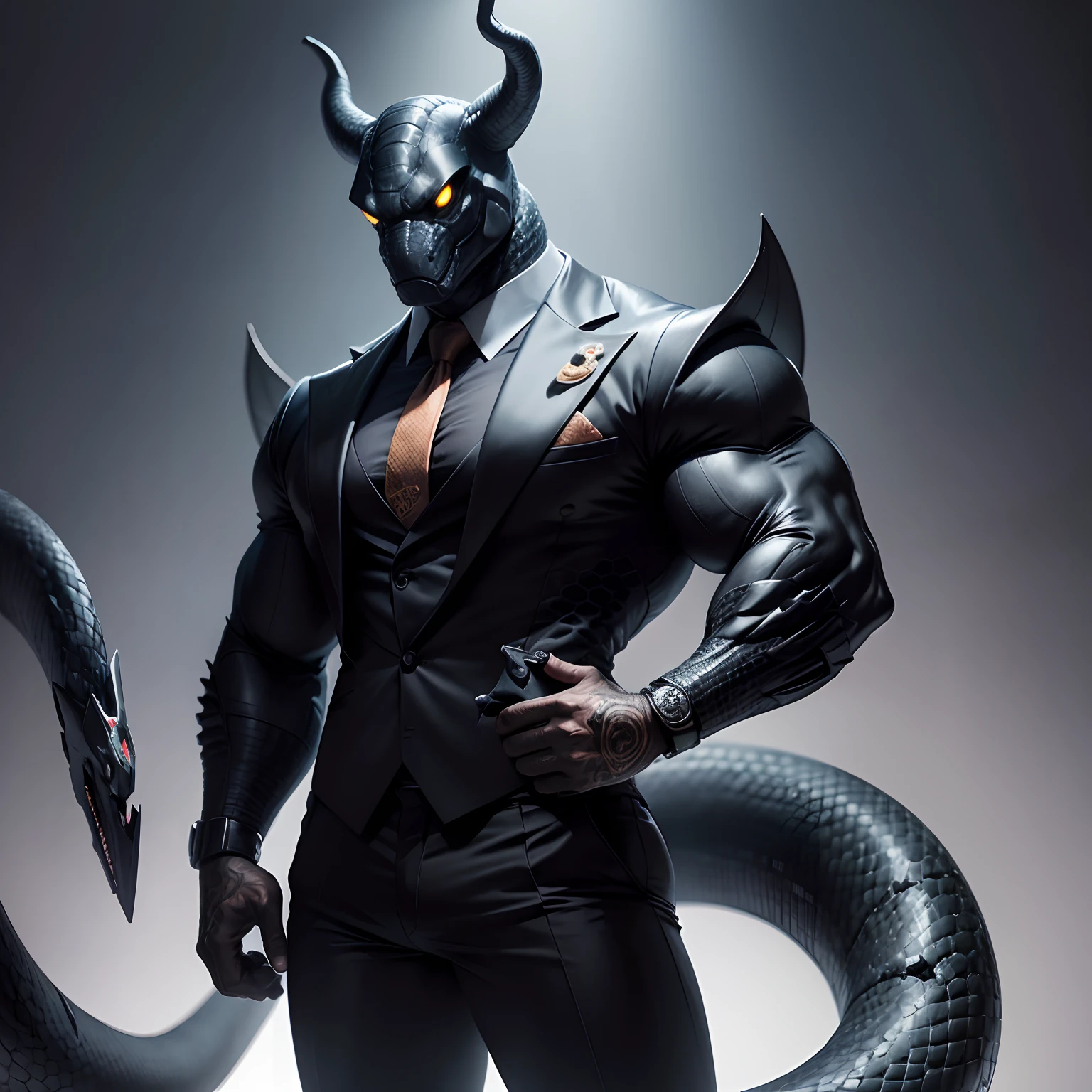 Humanoid snake muscled , with a snake's head black with a tail with 2 huge arms , in suit with a tie , full body