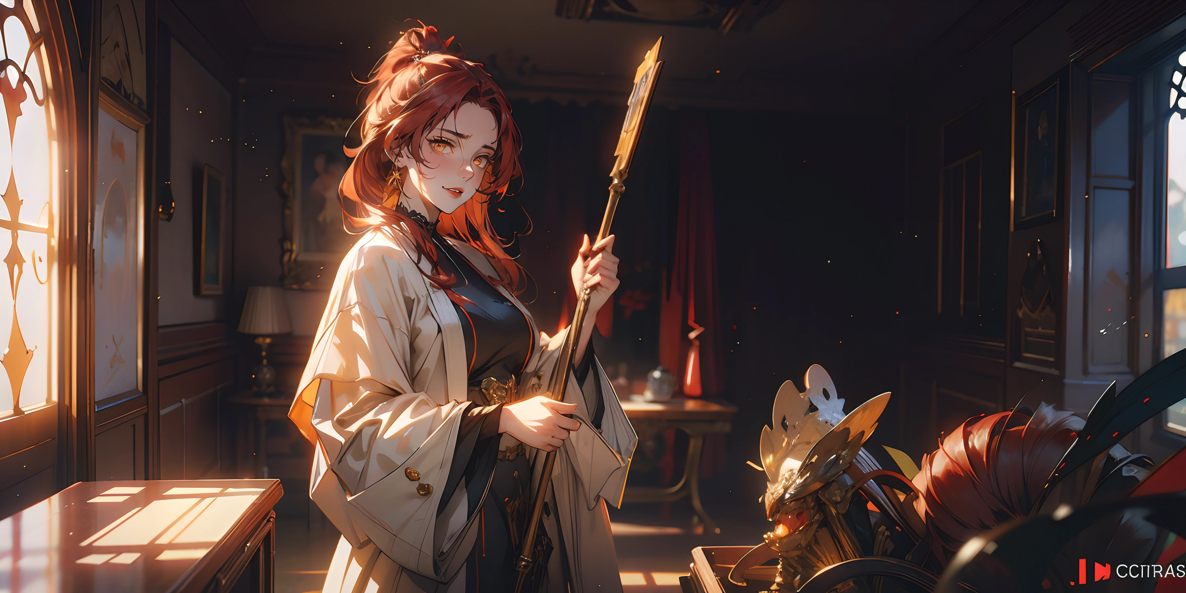 murata_himeko, (red hair, fold hair:1.6), yellow eyes, sweating, glowing eyes, heavy breathing, epic art, fantasy art, 1girl, solo, wide_sleeves, holding, japanese_clothes, standing, indoors, long_sleeves, looking_at_viewer, staff, glow effects, godrays, Hand drawn, render, 8k, octane render, cinema 4d, blender, dark, atmospheric 4k ultra detailed, cinematic, Sharp focus, big depth of field, Masterpiece, colors, 3d octane render, 4k, concept art, trending on artstation, hyperrealistic, Vivid colors, extremely detailed CG unity 8k wallpaper, trending on CGSociety, Intricate, High Detail, dramatic,