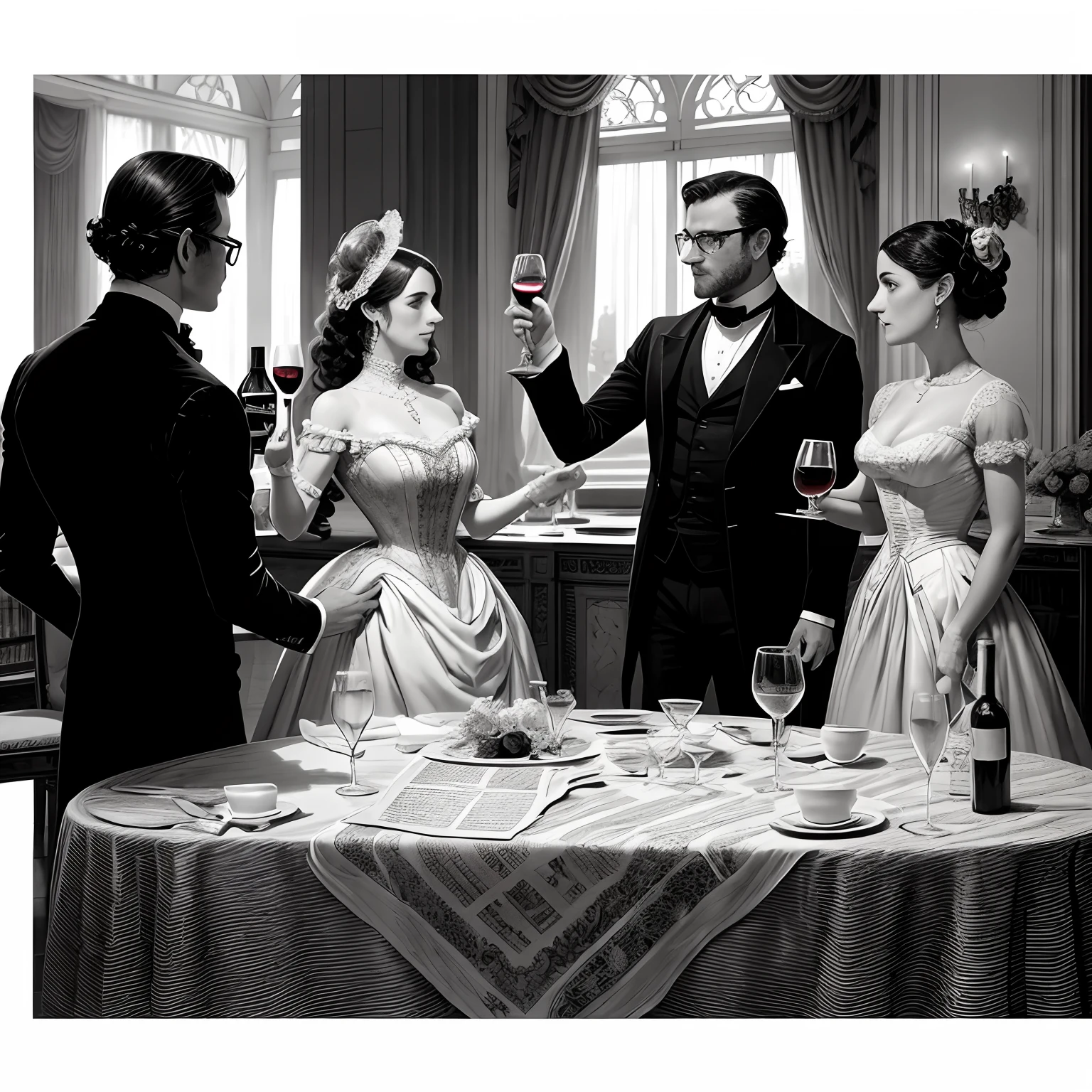 Old newspaper engraving, ballroom, many guests in Victorian dresses and frocks, fancy ball, in the foreground a man in a suit from the 1800's, with long white curly hair, raised his hand with a glass of wine. The guests parted to two sides, glasses in hand, , engraving by giovanni battista piranesi style