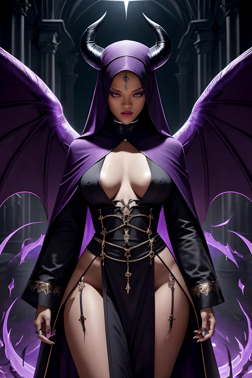 Rihanna : The evil nun, Demon horn, Demon wings on the head , sexy robe de nonne, From his hands shoot powerful flashes of destructive purple energy, diabolique, insidieux, His powerful magic hits the buildings of a city , Context of the Satanic Church, detailled eyes, detailed hands