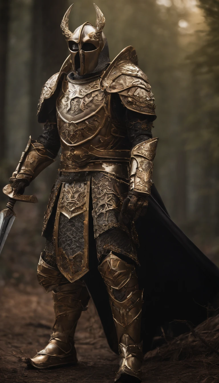warrior, concept-art, Fantasy art, battleground background, clean render, a horned, Wear a suit of armor, Detailed bushido form smoke, No helmet, character is standing, 8k Realistic, in game render, detailed face background detail, Art station front page, taur, Pseudo-medieval fantasy, Skeleton of Koi armor, detailed bronze armor, Bronze armor, golden etched armor, gold obsidian armor, Light gold armor, Gorgeous filigree armor, skeleton warrior, Gorgeous armor full of thorns, Intricate assasin armor, Intricate metal armor, powerful warrior, Dressed in gorgeous gold armor,Decorated with intricate patterns, The helmet has a large crown and two horns,Glowing red eyes, Everything is in the dark, The smoky background hints at the battle scene, Add an ominous aura to his character,submission, Full body shot.