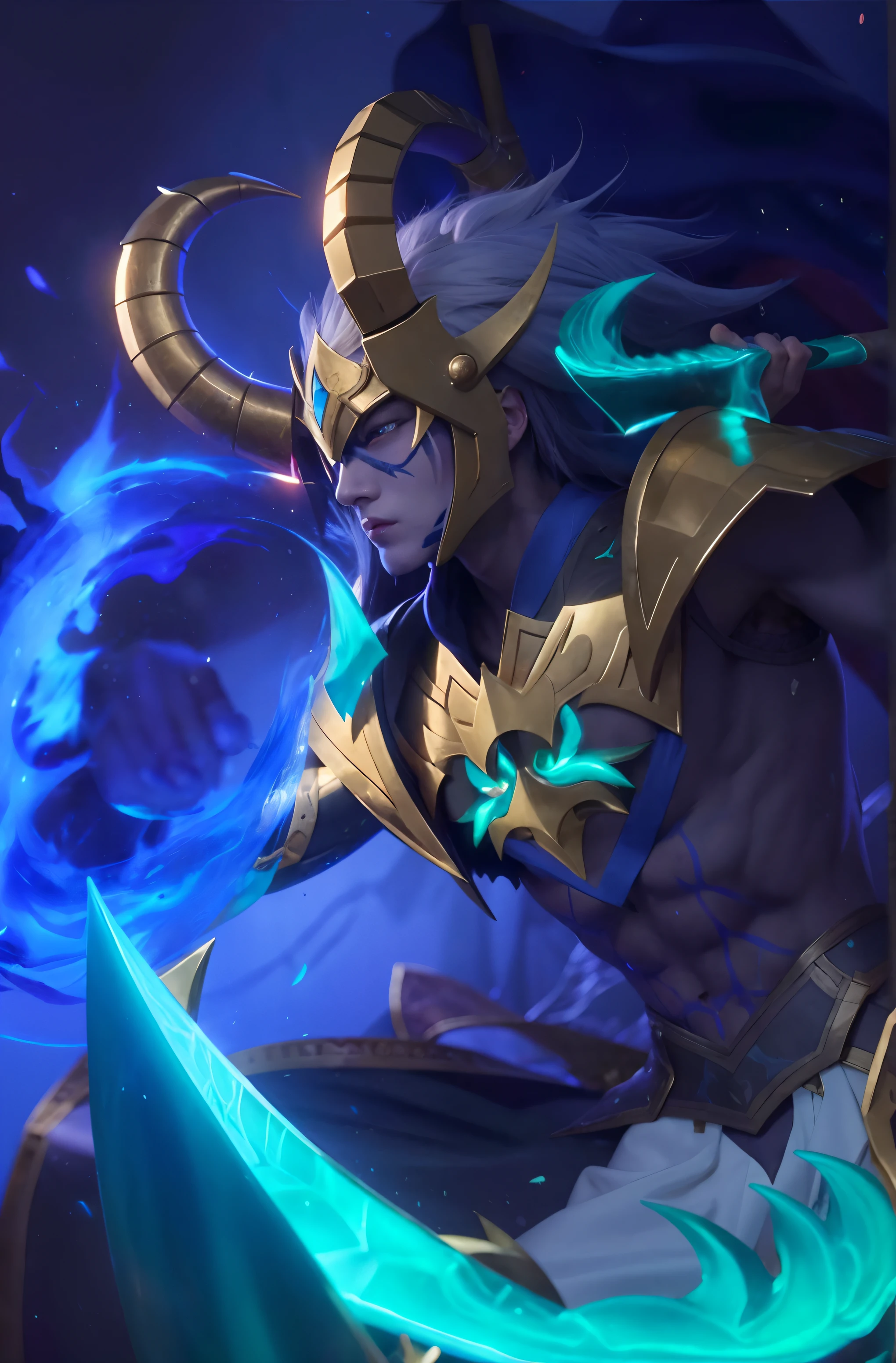 a close up of a person holding a sword in a dark room, nasus, inspired by Huang Shen, leblanc, artist unknown, aurelion sol, Mobile Legends character, splash art, tane skin, inspired by Shen Zhou, sylas, mobile legends, thertrevkaiser, official splash art, heise jinyao, inspired by Yi Inmun, unknown artist, detailed face, detailed nose, detailed eye, blue glowing eyes, detailed right hand