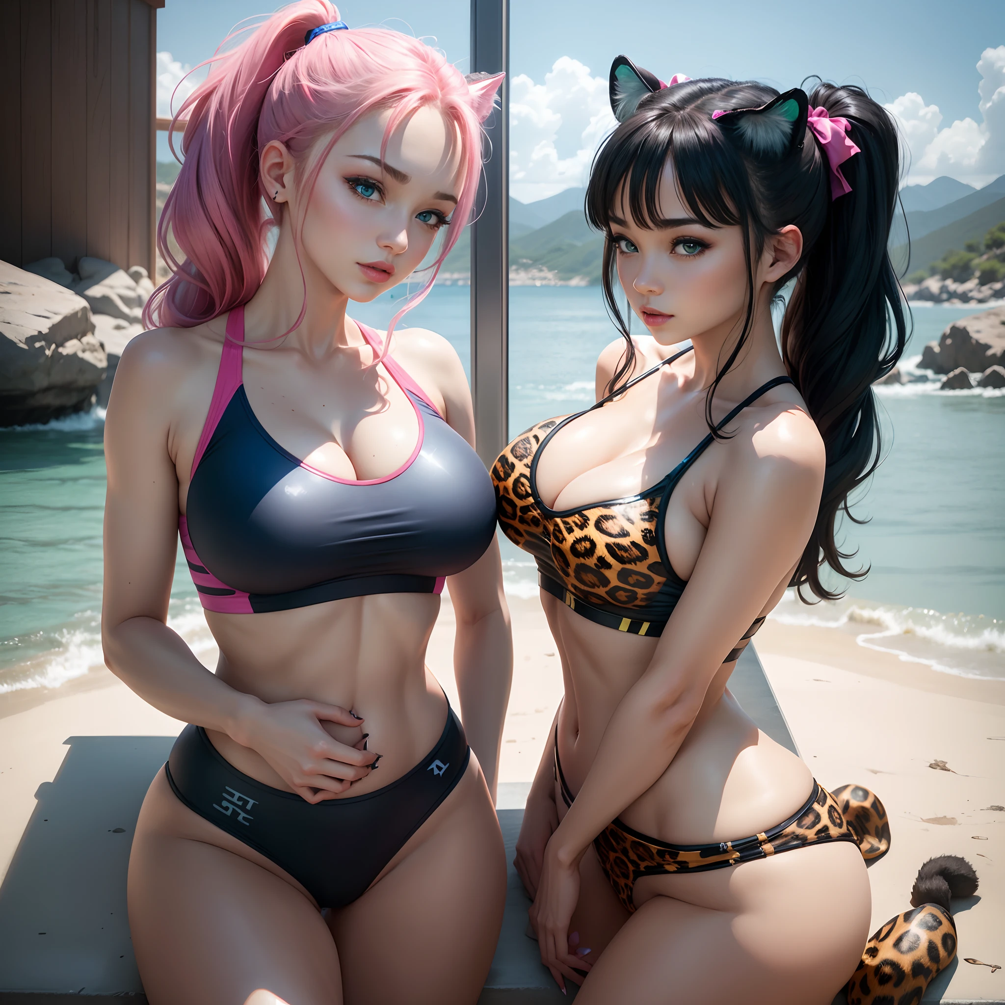 Refreshing double ponytail(1:4)、Attractive green-blue eyes、Seductive pink lips(1:1)、Twin peaks that seduce the mind(G-cup)、Leopard print ultra-tight three-pronged swimsuit(1:4) --auto