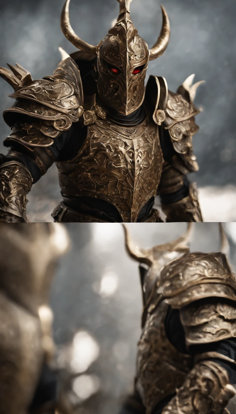 warrior, concept-art, Fantasy art, battleground background, clean render, a horned, Wear a suit of armor, Detailed bushido form smoke, No helmet, character is standing, 8k Realistic, in game render, detailed face background detail, Art station front page, taur, Pseudo-medieval fantasy, Skeleton of Koi armor, detailed bronze armor, Bronze armor, golden etched armor, gold obsidian armor, Light gold armor, Gorgeous filigree armor, skeleton warrior, Gorgeous armor full of thorns, Intricate assasin armor, Intricate metal armor, powerful warrior, Dressed in gorgeous gold armor,Decorated with intricate patterns, The helmet has a large crown and two horns,Glowing red eyes, Everything is in the dark, The smoky background hints at the battle scene, Add an ominous aura to his character,submission, Full body shot.