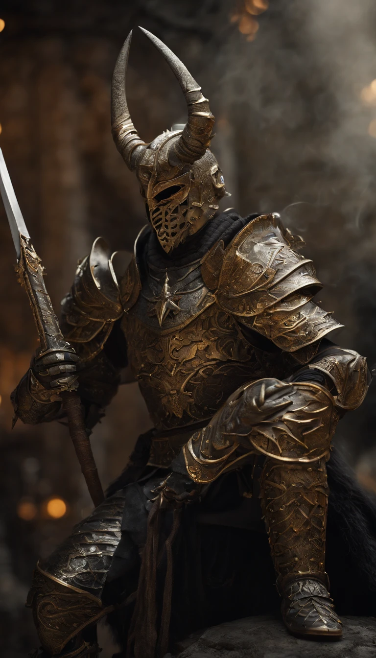 warrior, concept-art,  Fantasy art, battleground background, clean render, a horned, Wear a suit of armor, Detailed bushido form smoke, No helmet, character is standing, 8k Realistic, in game render, detailed face background detail, Art station front page, taur, Pseudo-medieval fantasy, Skeleton of Koi armor, detailed bronze armor, Bronze armor, golden etched armor, gold obsidian armor, Light gold armor, Gorgeous filigree armor, skeleton warrior, Gorgeous armor full of thorns, Intricate assasin armor, Intricate metal armor, powerful warrior, Dressed in gorgeous gold armor，Decorated with intricate patterns, The helmet has a large crown and two horns,Glowing red eyes， Everything is in the dark, The smoky background hints at the battle scene, Add an ominous aura to his character，submission, Full body shot.