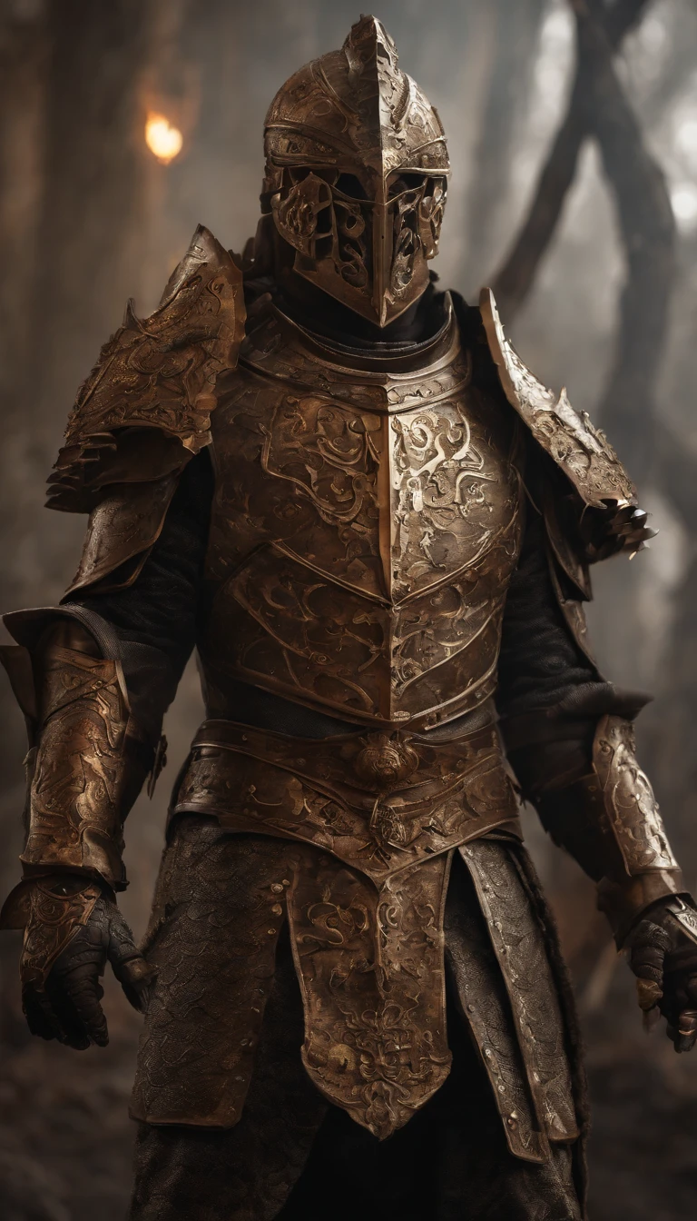 warrior, concept-art, Fantasy art, battleground background, clean render, a horned, Wear a suit of armor, Detailed bushido form smoke, No helmet, character is standing, 8k Realistic, in game render, detailed face background detail, Art station front page, taur, Pseudo-medieval fantasy, Skeleton of Koi armor, detailed bronze armor, Bronze armor, golden etched armor, gold obsidian armor, Light gold armor, Gorgeous filigree armor, skeleton warrior, Gorgeous armor full of thorns, Intricate assasin armor, Intricate metal armor, powerful warrior, Dressed in gorgeous gold armor,Decorated with intricate patterns, The helmet has a large crown and two horns,Glowing red eyes, Everything is in the dark, The smoky background hints at the battle scene, Add an ominous aura to his character,submission, Full body shot.