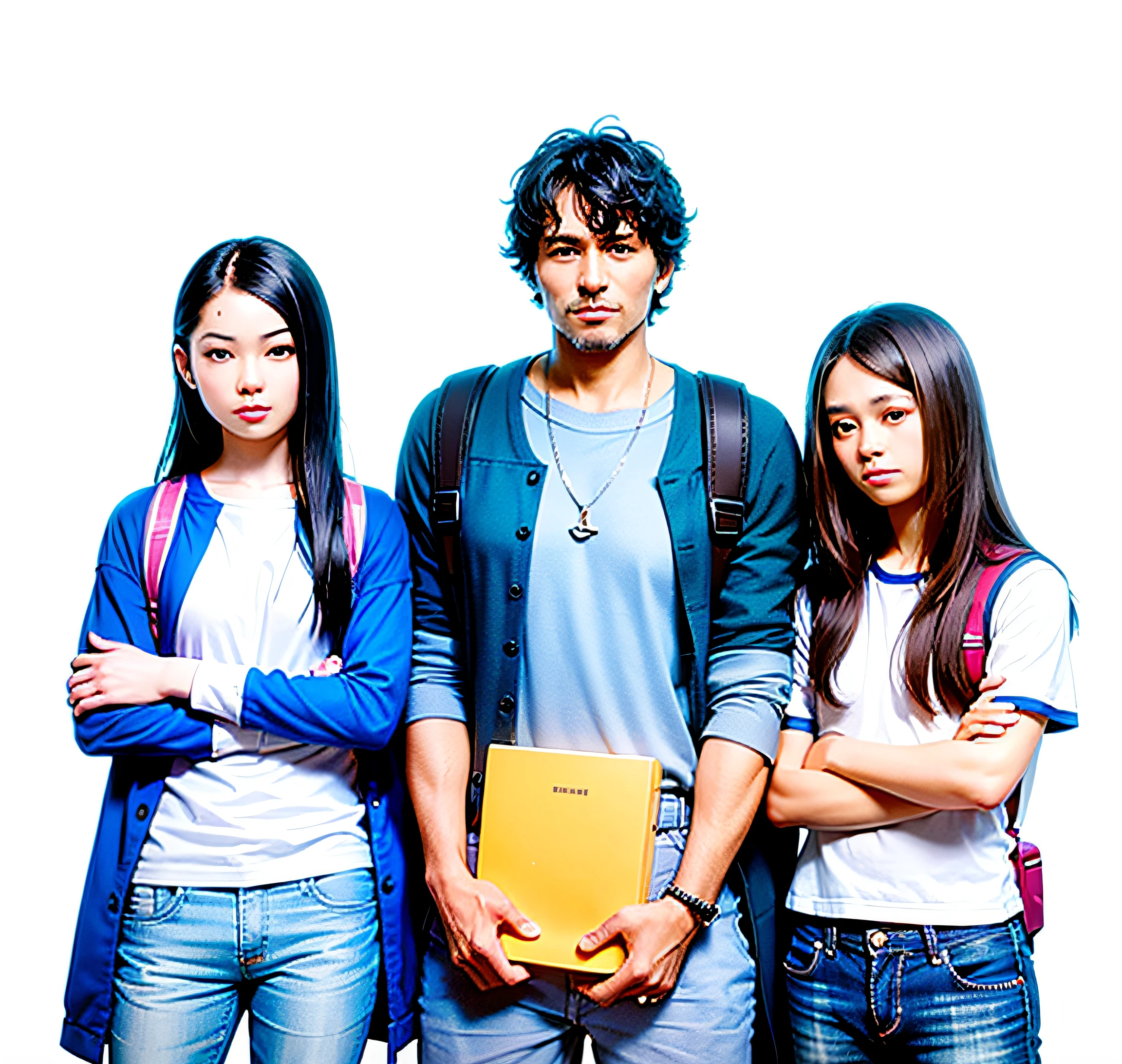 Three young men stood side by side，arms folded, Student, college aged, Carry a backpack, Book in hand, ethnicity : Japanese, Beginner, photorender, close up portrait shot, Remove the background