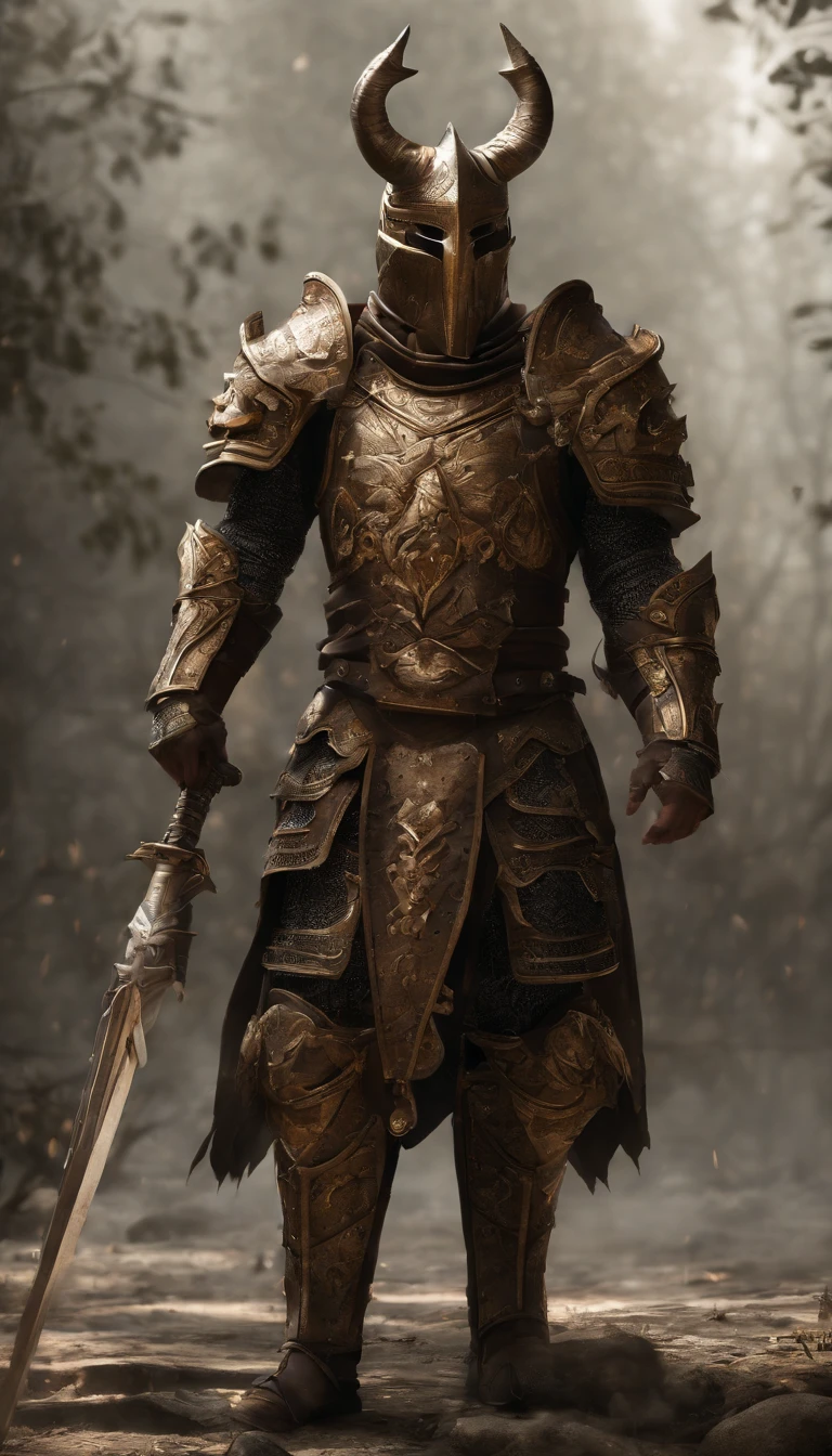 warrior, concept-art, Fantasy art, battleground background, clean render, a horned, Wear a suit of armor, Detailed bushido form smoke, No helmet, character is standing, 8k Realistic, in game render, detailed face background detail, Art station front page, taur, Pseudo-medieval fantasy, Skeleton of Koi armor, detailed bronze armor, Bronze armor, golden etched armor, gold obsidian armor, Light gold armor, Gorgeous filigree armor, skeleton warrior, Gorgeous armor full of thorns, Intricate assasin armor, Intricate metal armor, powerful warrior, Dressed in gorgeous gold armor,Decorated with intricate patterns, The helmet has a large crown and two horns,Glowing red eyes, Everything is in the dark, The smoky background hints at the battle scene, Add an ominous aura to his character,submission, Full body shot.