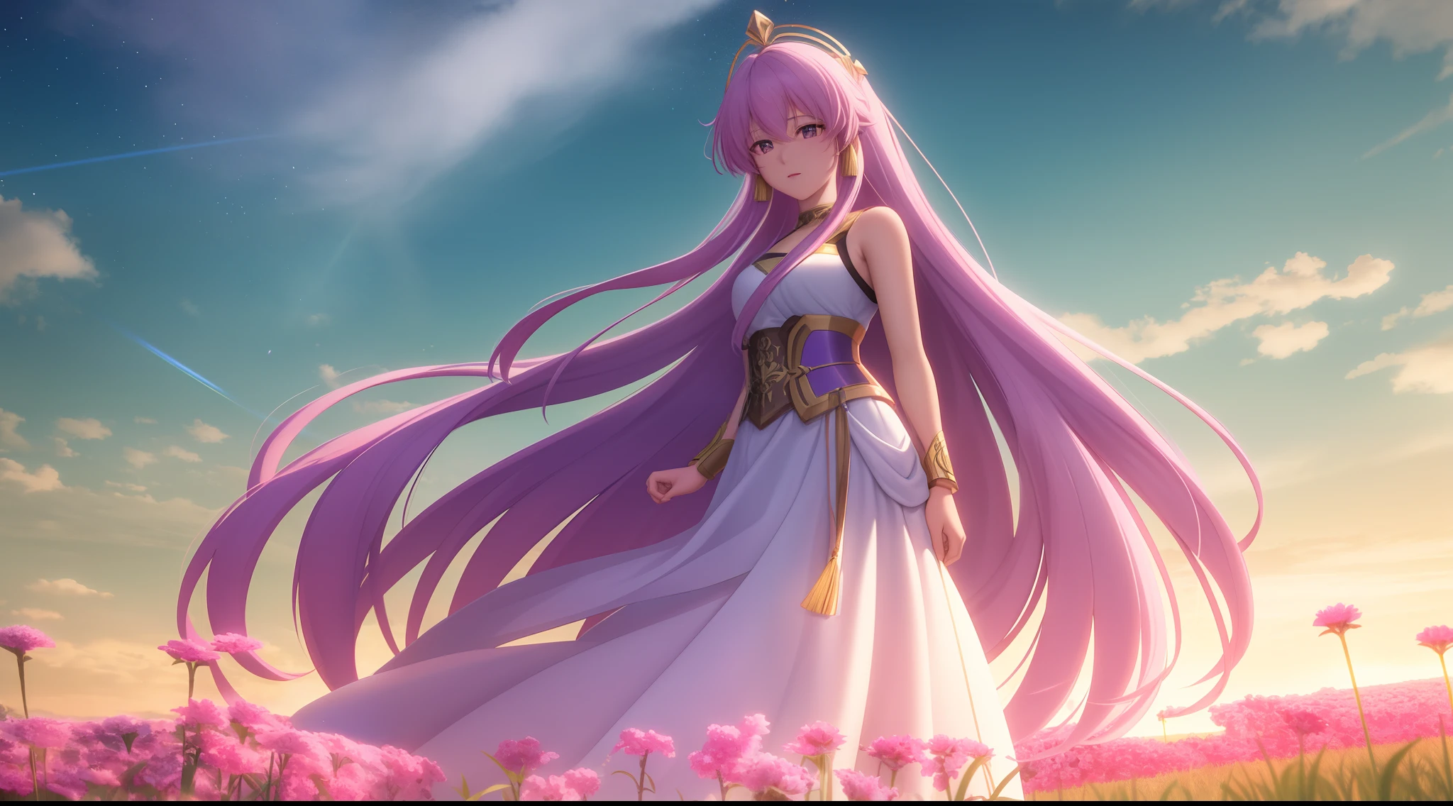 Kido_saori, Saint seiya athena with plain long light purple hair,green eyes,rosy cheeks,full lips,thin eyebrows,slender body,greek cloth and very long skirt,cute anime girl,full body,flowers field,anime style,Lumen Reflections,Screen Space Reflections,Diffraction Grading,Chromatic Aberration,GB Displacement,Scan Lines,Ray Traced,Anti-Aliasing,FXAA,TXAA,RTX,SSAO,Shaders,OpenGL-Shaders, GLSL-Shaders,Post Processing,Post-Production,cell Shading,Tone Mapping,CGI,VFX,SFX,insanely detailed and intricate, 4K,Kido_Saori, standing, solo, masterpiece, best quality, detailed face, detailed eyes, highres