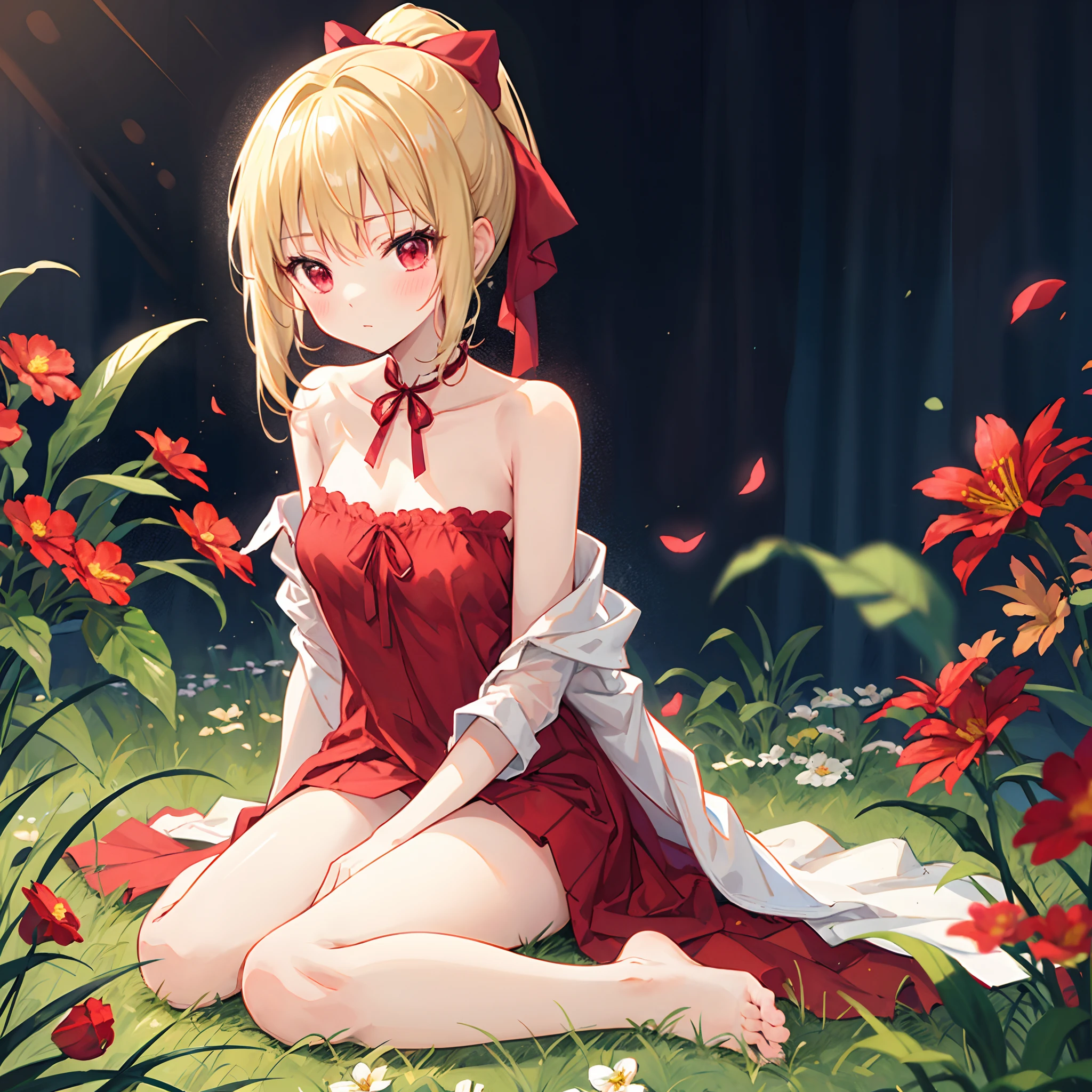 a blond、red eyes、Ponytail with ribbon、Beautiful girl alone、red blush、Red dress、off shoulders、Raw feet、flower  field、Sitting on the floor、panties on