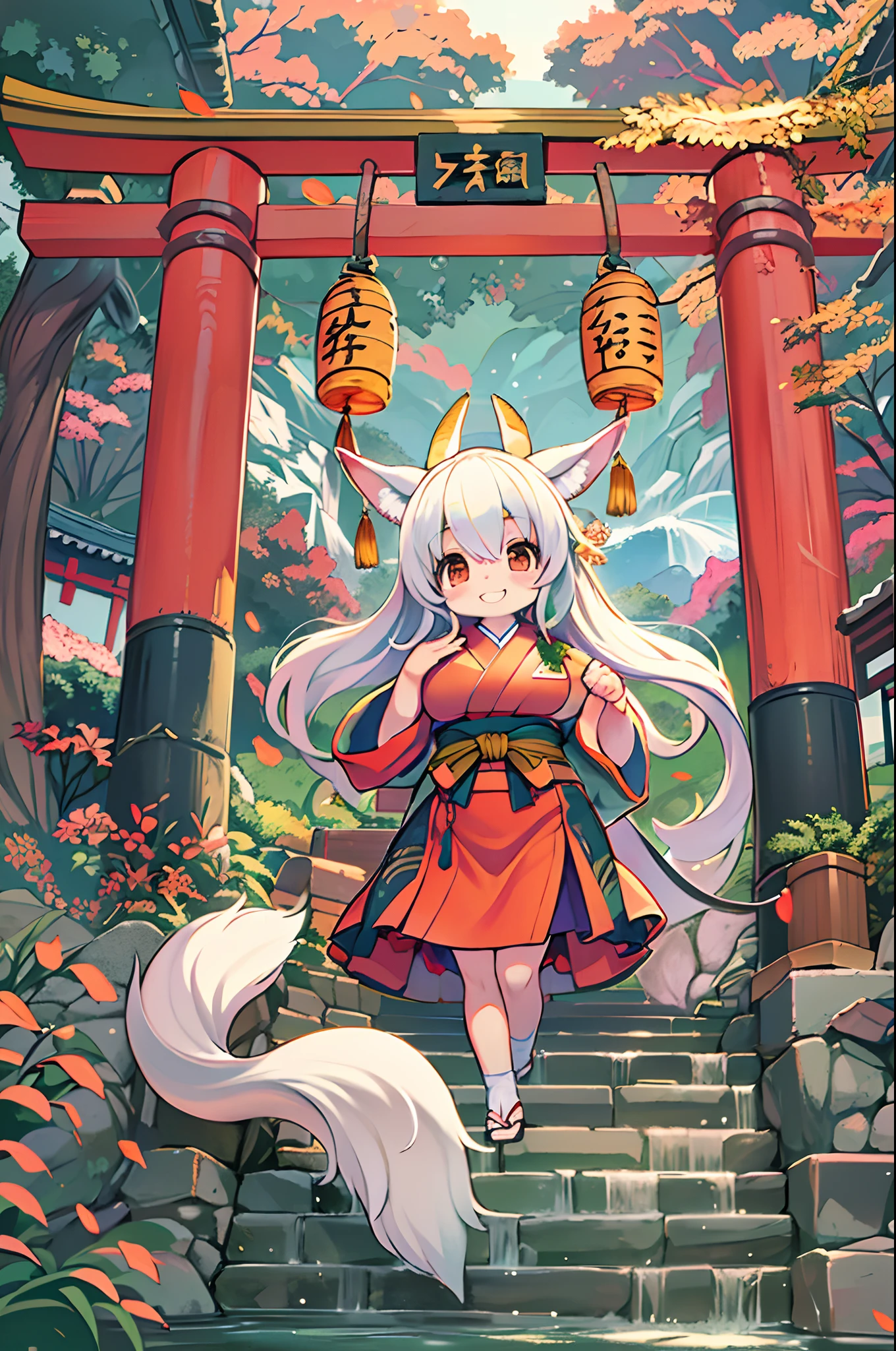 Fox Woman、body covered with fur、huge-breasted、kawaii、shrine maiden、Japan white clothes,Red Hakama、torii gate,((High Position))、A big smile、bbw、thick thight、big butts、Ultramammy,Chibi,Nanachi, autumn day,kaede、 Pines, Anime Background Art, japanese art style, beautiful anime scene, detailed scenery - width 672, Background art, Anime landscapes, Anime Background, Beautiful anime scenery, Beautiful peace scenes in anime, landscape artwork, Japan Village, Anime landscape concept art, 8K))、a lot of fallen leaves、Water twinkle、falls、Waterfall Basin、a river、Main shrine