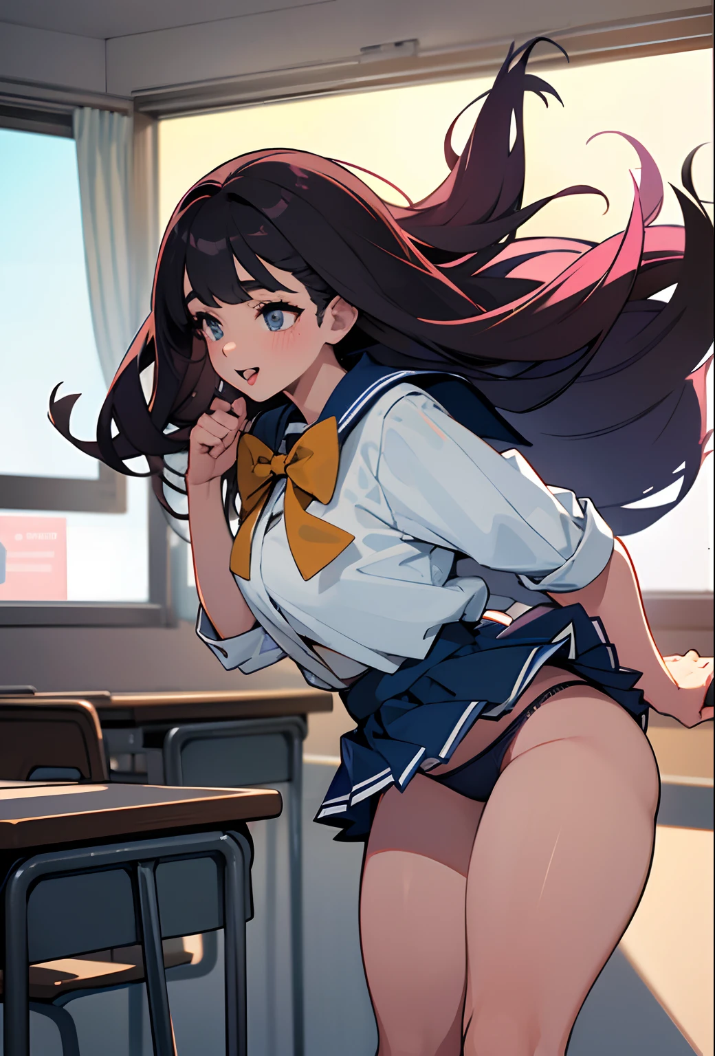 (beste-Qualit, 8K, ), 1 girl, the perfect body, ultra detail face, detailed lips, Excited, ((very thick thighs)), school uniform, classroom, mini skirt, ((visible panties)), low angle, hands behind the back