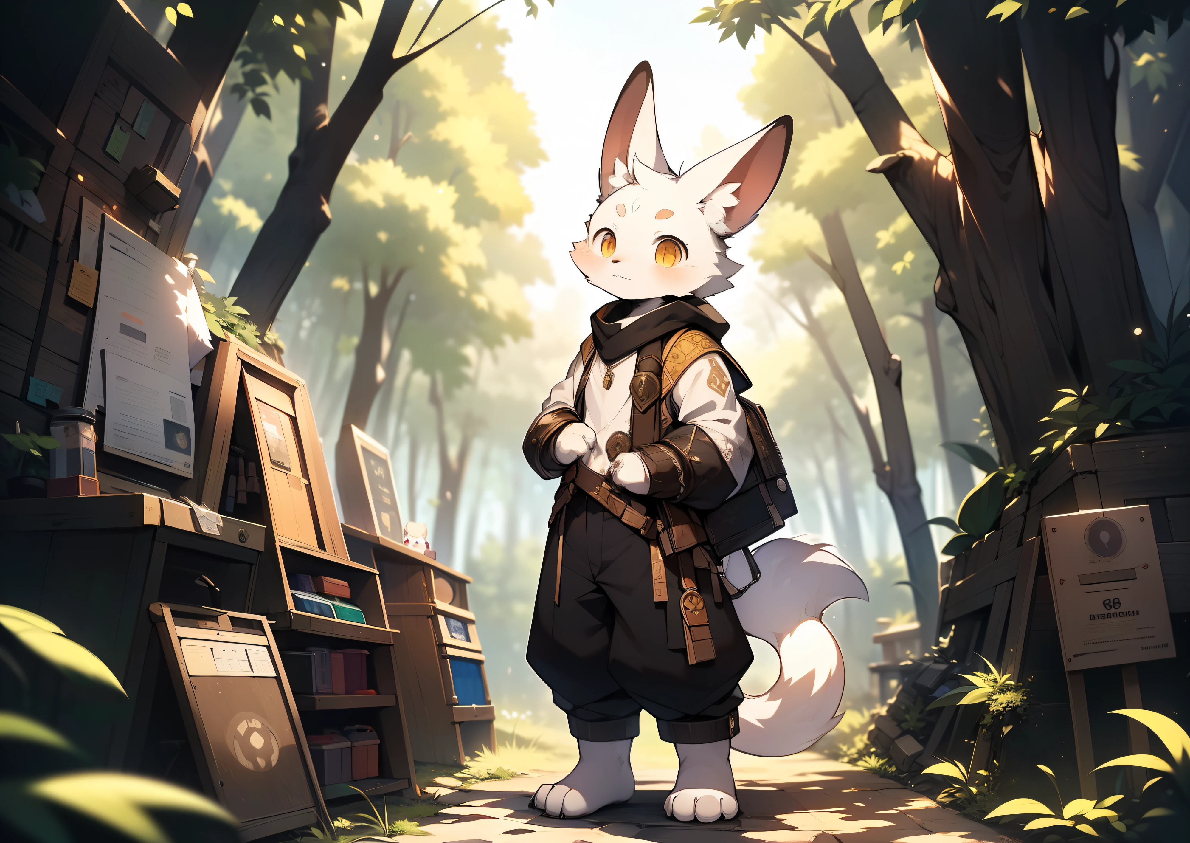 Libido boy,furry,((Shota)), Black and white hair, Very good figure, Handsome,adolable, Light:Extreme light and shadow, Reflective skin,Reddish skin,((worn-out clothing,Commoner)) ,((Deep in the forest,Stone path,Signs,独奏,solo person)),Outdoor sunset,((the detail)),(depth of fields),standing on your feet, A fuzzy anthropomorphic white rabbit with long black ears, amber eyes, fantasy style, anime style, full body, detailed, big fluffy tail, shirtless, blush, hiding in the dark shadow, next to a bright vending machine, unrealplace,