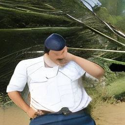 there is a man standing in the grass holding a yellow object, jayison devadas style, amidst nature, jayison devadas, profile pose, in jungle, in front of a forest background, in jungle forest, ayan nag, edited in photoshop, candid picture, in forest jungle, wearing in shirt, in forest, near a lake, in jungle forest !!!