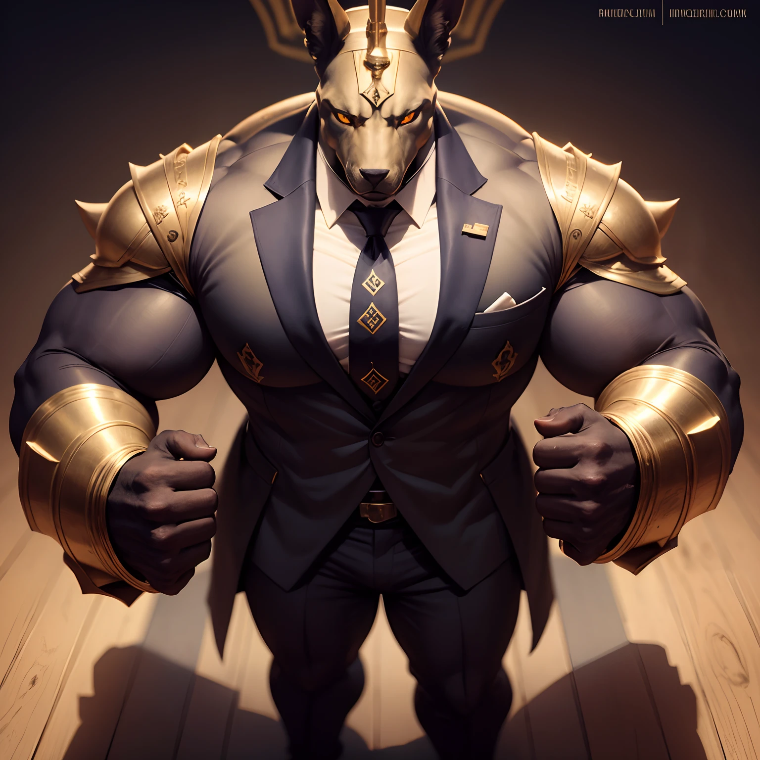 Anubis the egyptian god muscled with huge torso , huge arms ,huge pecs , huge lesgs , in suit with a tie like bodyguard outfit , full body