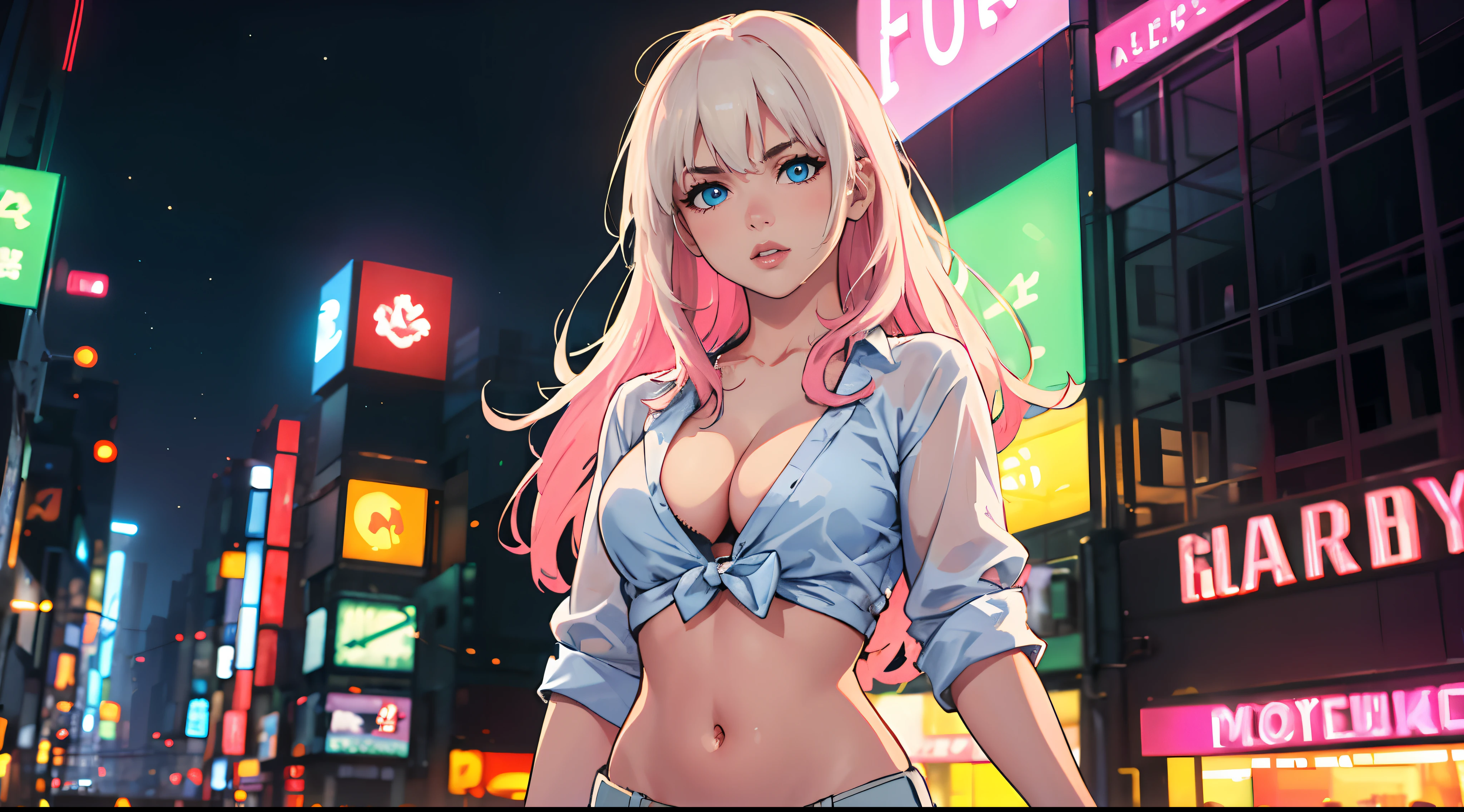 1girl, ((lovely, beautiful)), perfect body, rosy cheeks, Cute Long Hair,Perky Pony Hairstyle , white hair,
short shirt with exposed belly, cleavage, shining lips,((detailed eyes)),
posing in front of neon buildings, ((pink neon sign, neon building background)), Tokyo, Artgerm, cyberpunk style, flashback,
((realistic)), soft light, night, 8k, (masterpiece, best quality:1.5), super detail, depth of field, looking at the viewer, ((cowboy scene)), dramatic, (((bokeh))),