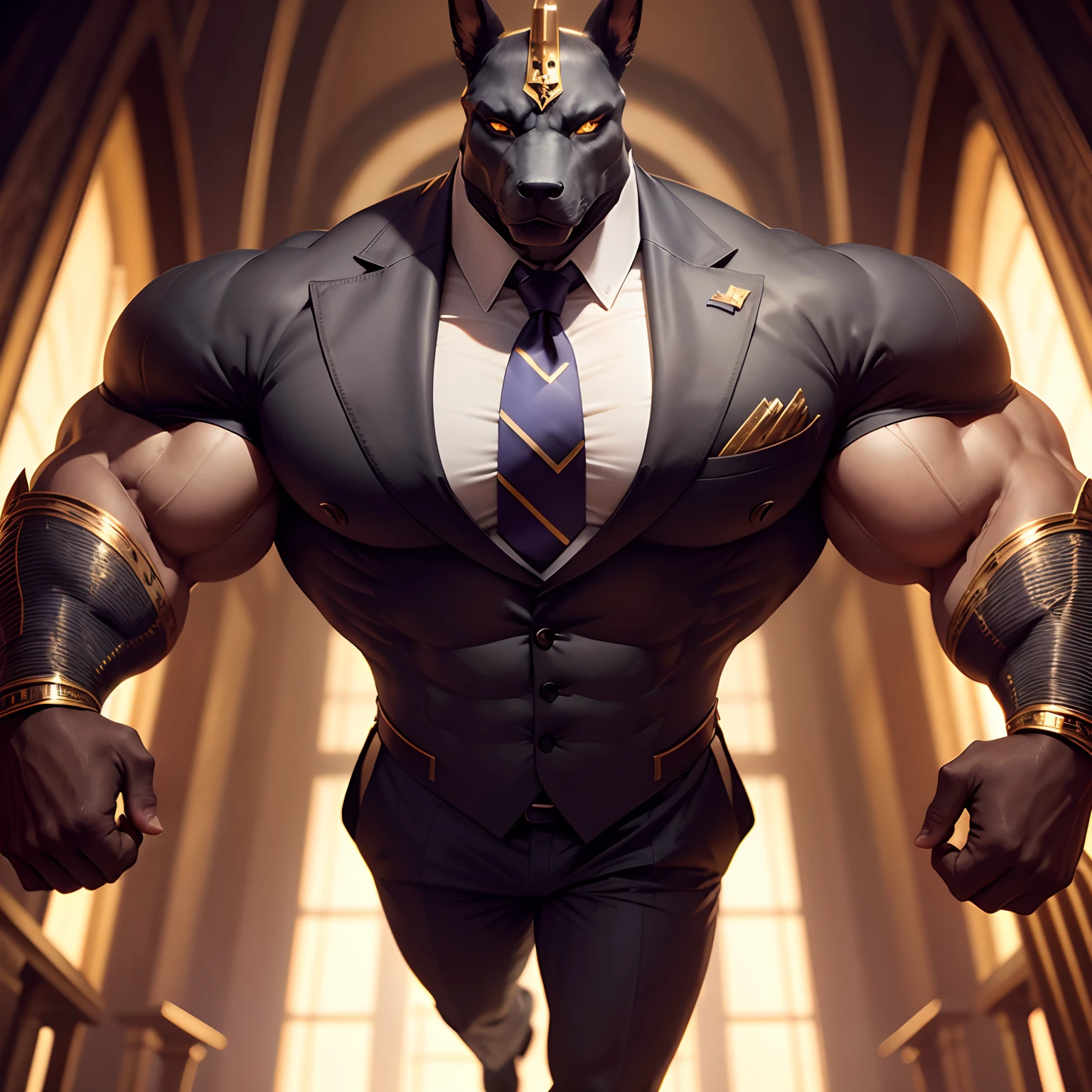 Anubis the egyptian god muscled with huge torso , huge arms ,huge pecs , huge lesgs , in suit with a tie like bodyguard outfit , full body