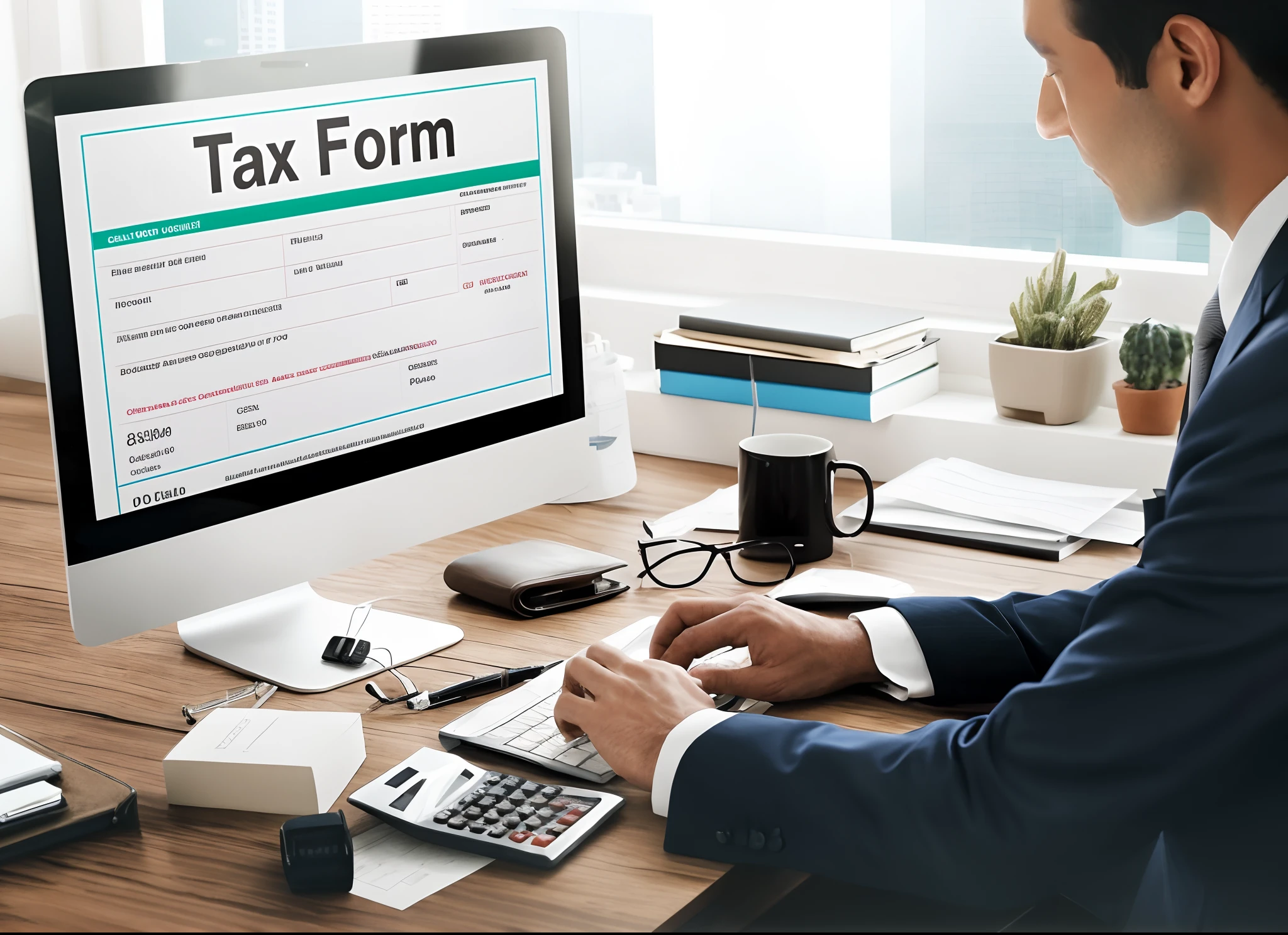 arafed man in a suit sitting at a desk with a calculator and a computer, highly detailed form, highly details form, forms, accurate and detailed, wide image, detailed and complex, high quality picture, garnishment, form, in front of a computer, vivid and detailed, detailed image, high quality image, digitally enhanced