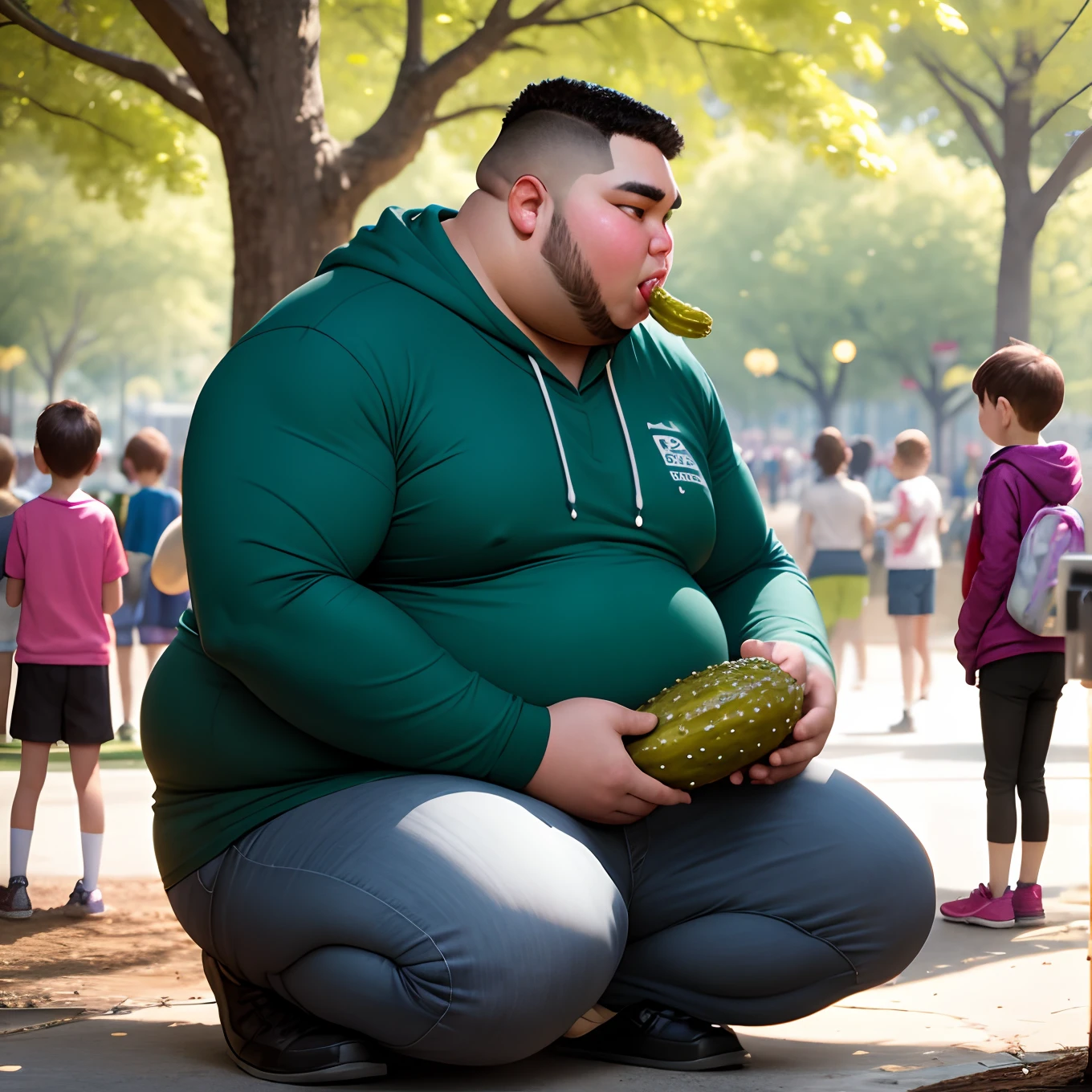 big fat man eating pickles while looking at kids in the park