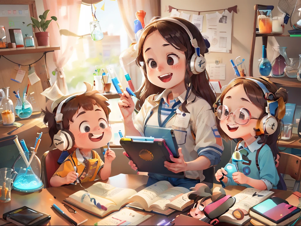 high detal、Multiple children、elementary student、a junior high school student、Smiling child, nffsw ,, head phone, Tablet Learning、grope、Everyone is experimenting with science、Lots of laboratory tools、flask、beakers、Labware、a tablet, livestream、Large monitor、globe、Science Laboratory、Lots of bookshelves