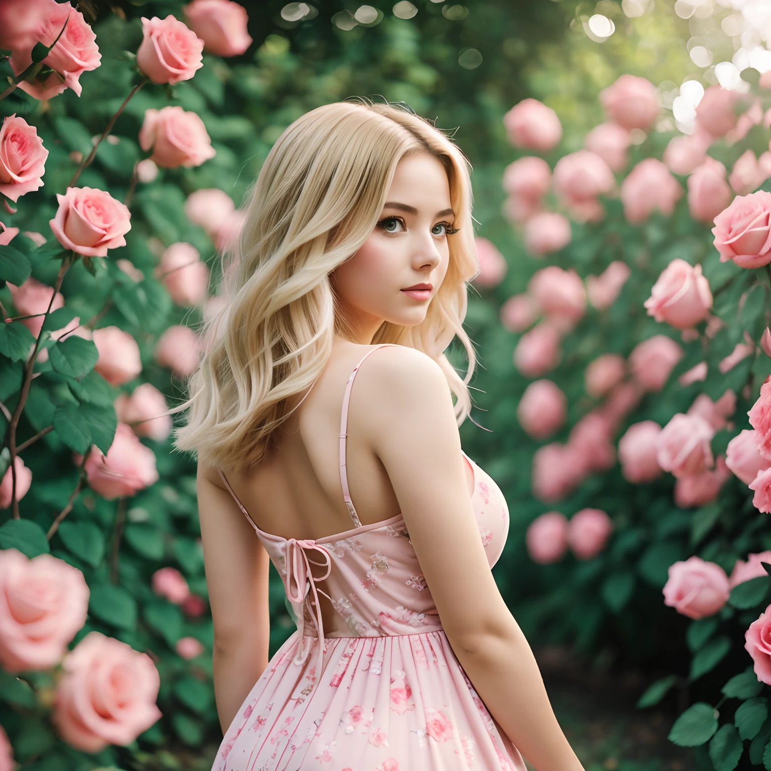 8K, Raw photo, Fuji Film, Style photo of beautiful young woman as Avril (Huge breasts) In the garden of pale pink and red roses (highly detailedskin: 1.2) Style-Petal BREAK short hair, Blonde long hair with color lock, Wearing a dress, Film granulation, 35 mm, cute-style, Back,