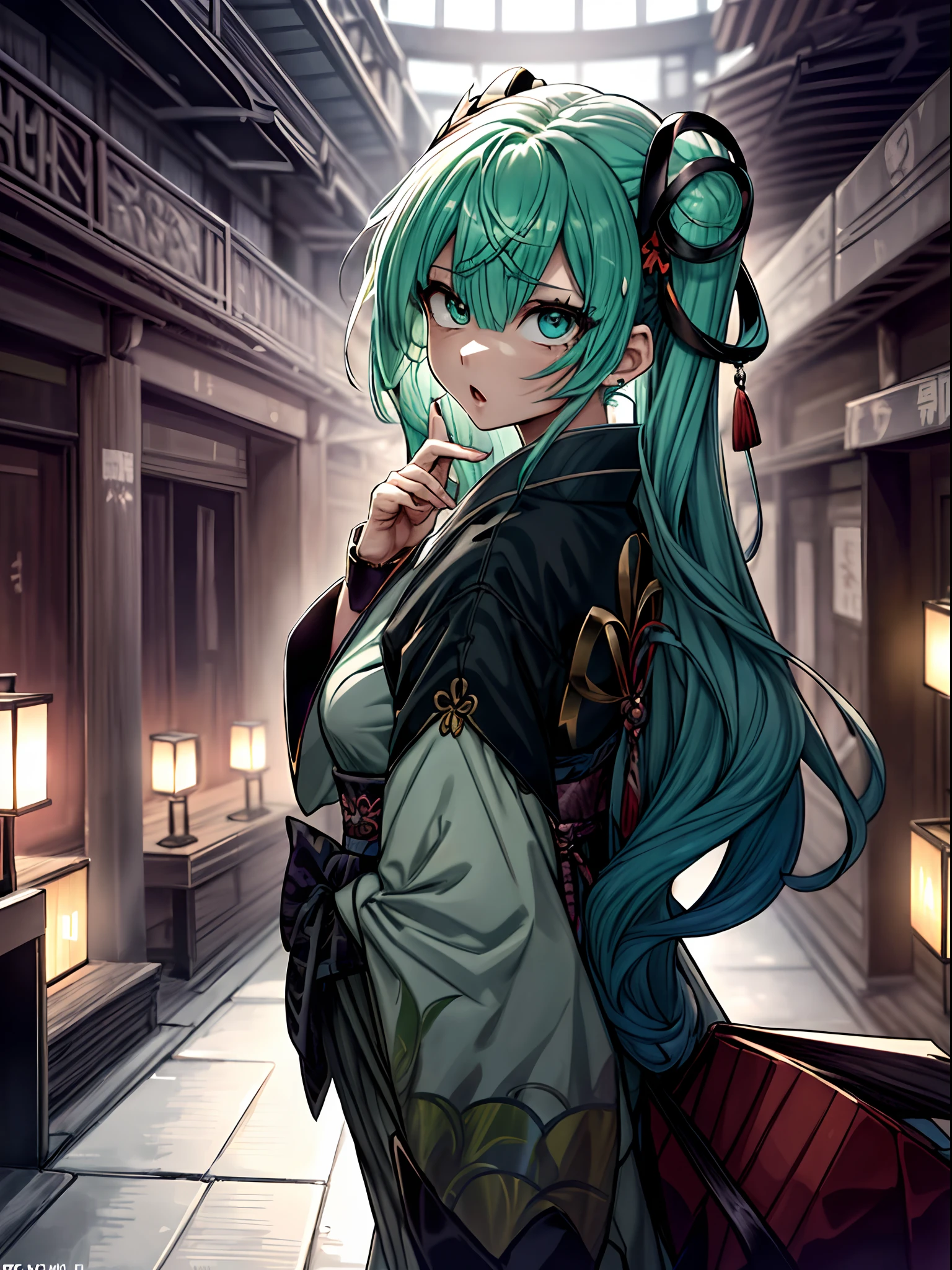 from the rear、From Side、Samurai sword、Full body、Japanese dress、Kimono Dresses、long、miku hatsune、Green hair、Twin-tailed、Ahegao ( Silly / Sexual ecstasy)、Cross-eyed、Stranger、View other people、Blunt bangs、 over-kneehighs,Ahegao , Silly,Sexual ecstasy,Drunken eyes,Blunt bangs, Green hair,(masutepiece:1.2, Best Quality), (finely detailed beautiful eye: 1.2), (Detailed background,Dark Fantasy), (beautifull detailed face), High contrast, (Best Illumination, extremely delicate and beautiful), ((Cinematic Light)), Colorful, Hyper Detail, Dramatic light, Intricate details,
