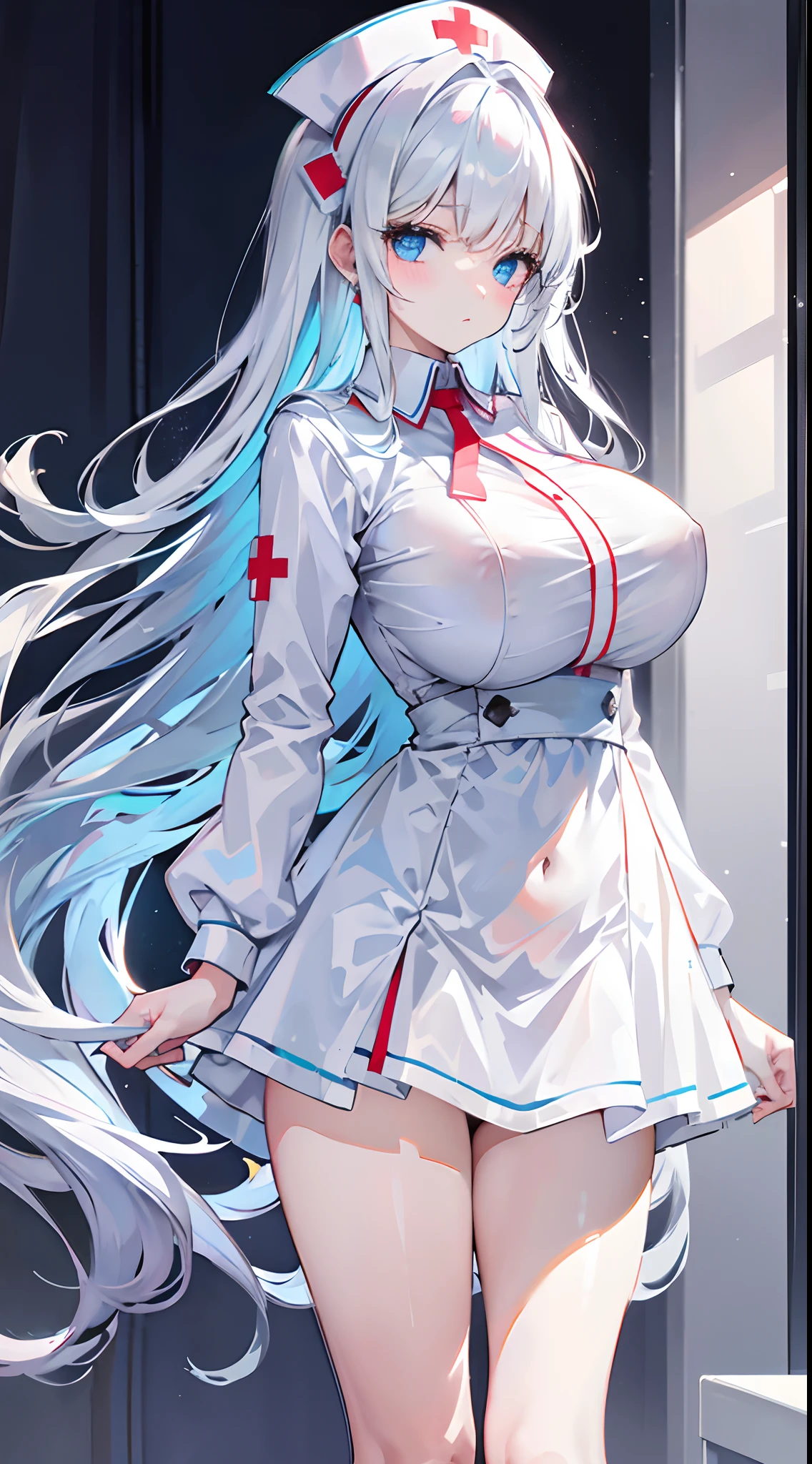 White nurse dress，huge tit，The top is buttoned on the chest，girl，light blue long hair，Light blue eyes，White bed，infirmary，Walk in，black lence stockings，The hair is wet and freshly washed